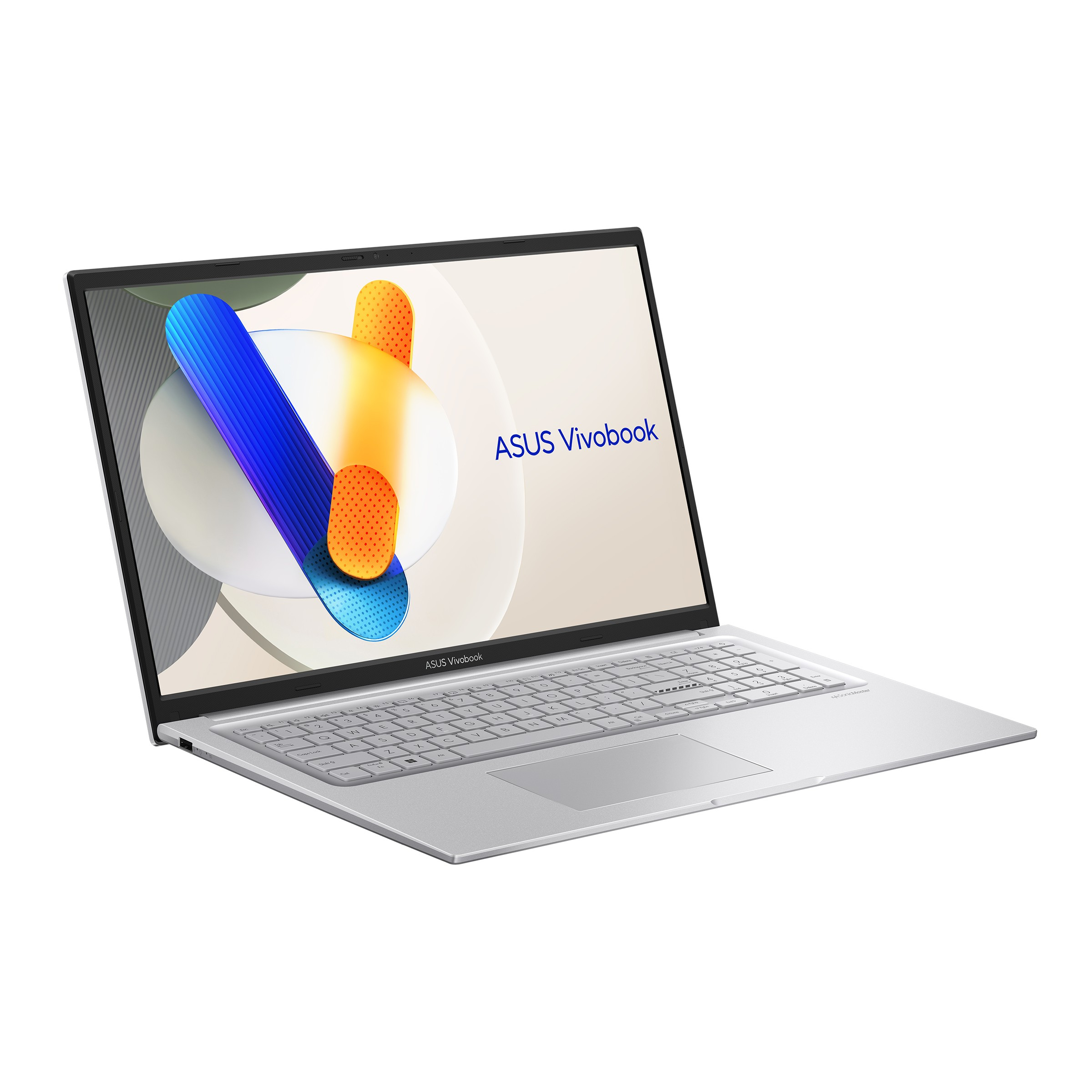 Un laptop ASUS Vivobook argentato con uno sfondo astratto sullo schermo.