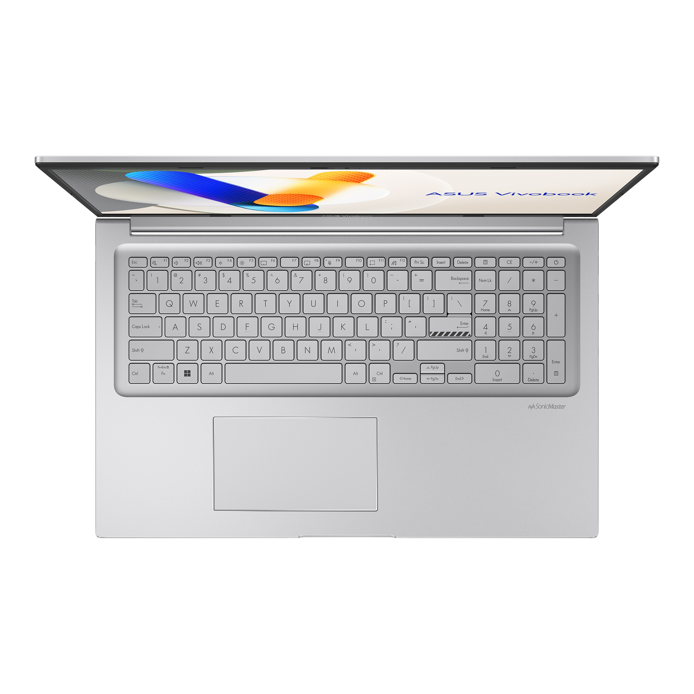 Un laptop Asus Vivobook argentato aperto visualizza un'immagine astratta colorata.
