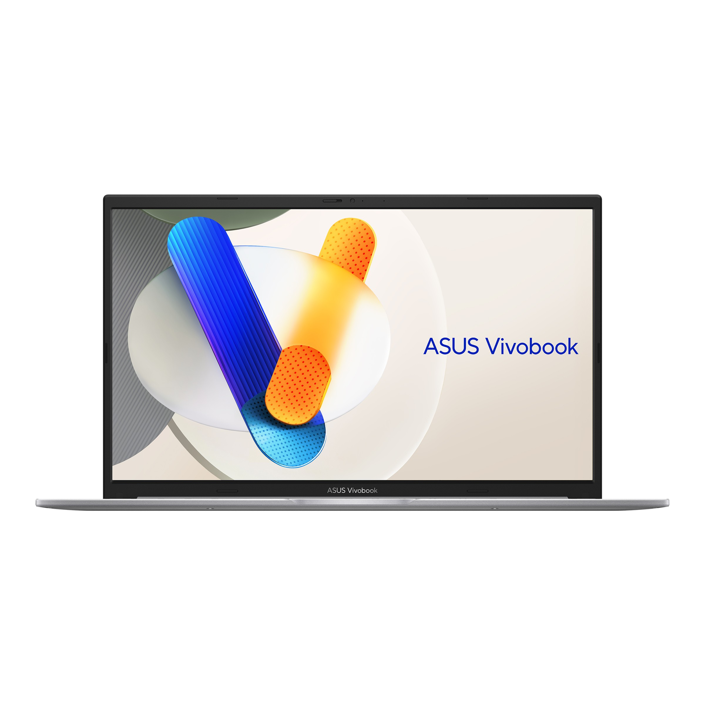 Laptop ASUS Vivobook argento con sfondo astratto e colorato sullo schermo.