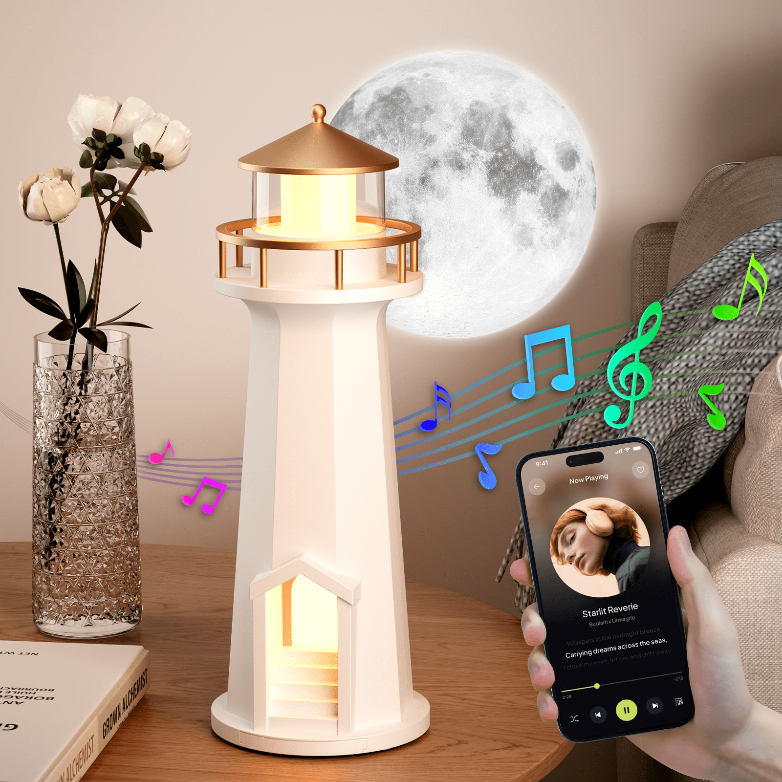 Ein Leuchtturmlicht leuchtet neben Blumen und einem Vollmond. Musiknoten schweben.