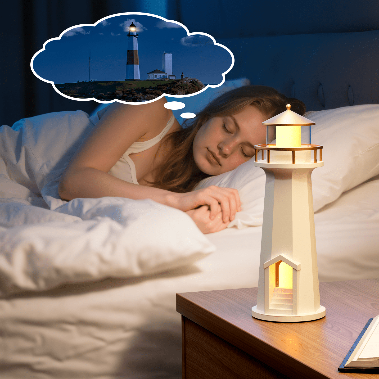 Eine Frau schläft im Bett, ein Leuchtturm-Nachtlicht steht daneben.