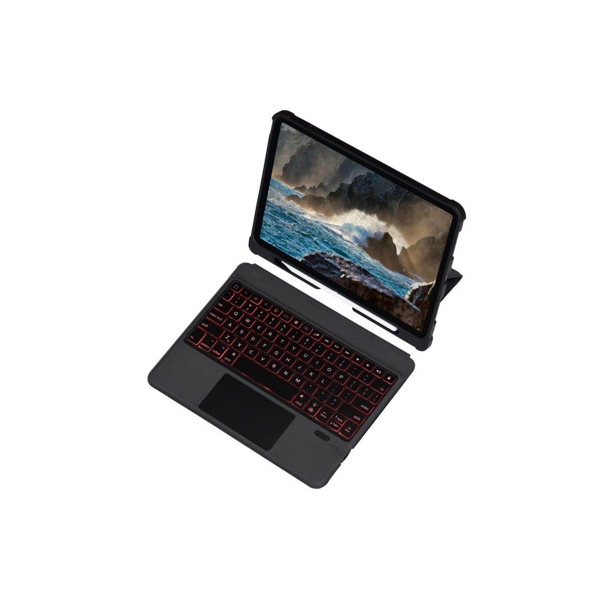 Beyaz arka plan üzerinde kırmızı aydınlatmalı siyah tablet ve klavye.