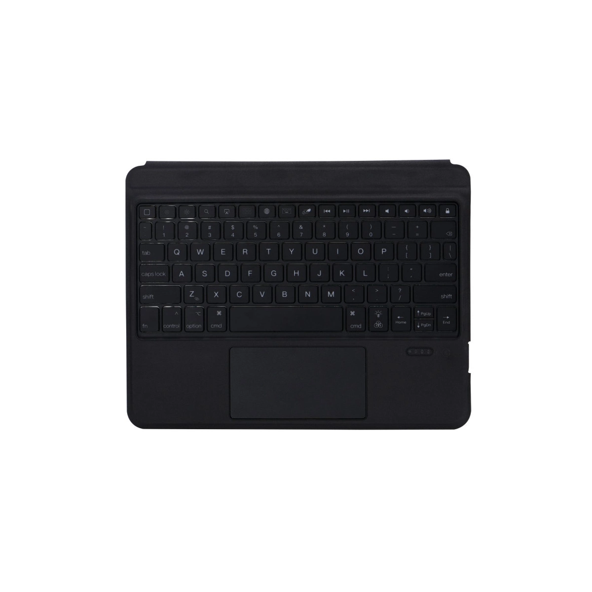 Dokunmatik yüzeyli siyah klavye kılıfı. QWERTY düzeni, fonksiyon tuşları ve medya kontrolleri.