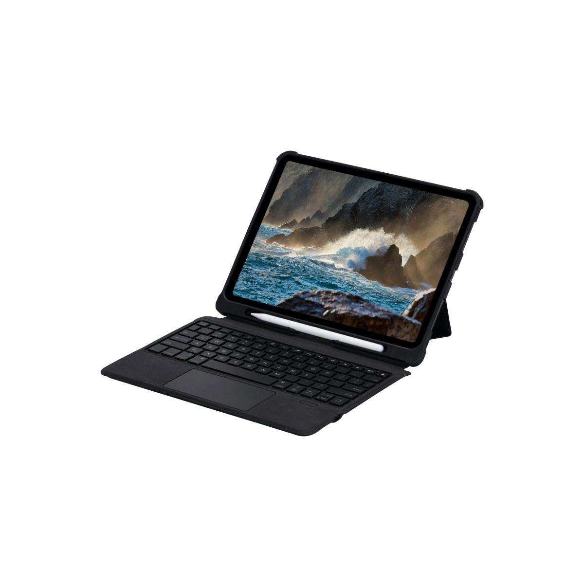 Klavye ve kalemli tablet, dalgalı kayalık bir kıyı gösteriyor.