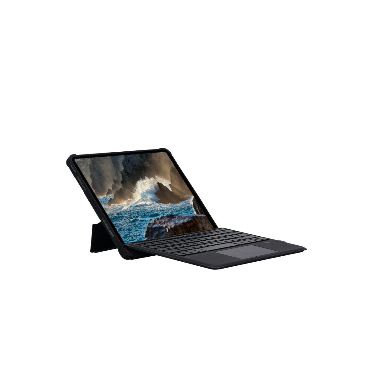 Ekranında kayalara çarpan dalgaları gösteren siyah tablet ve klavyeli kılıf.