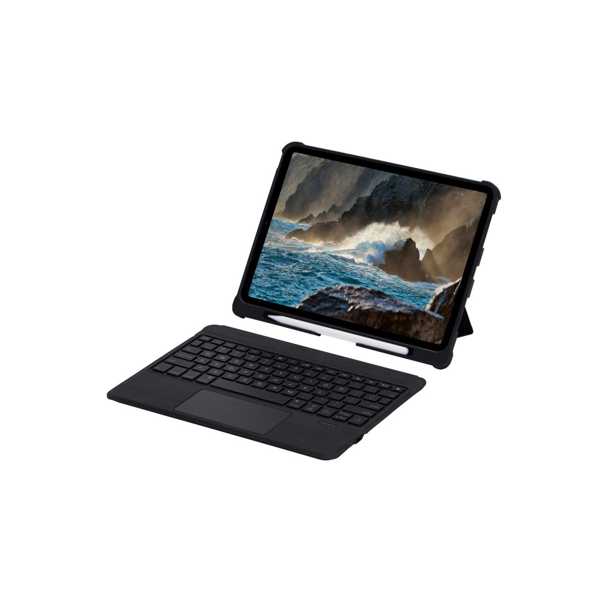 Beyaz zeminde klavyeli ve kalemli, kılıflı siyah tablet.