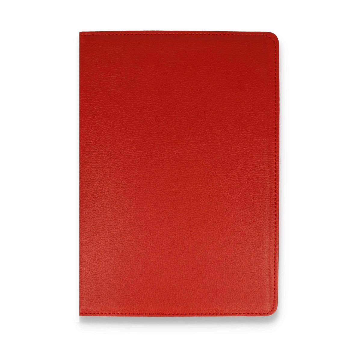 Beyaz zeminde kırmızı, deri görünümlü defter.