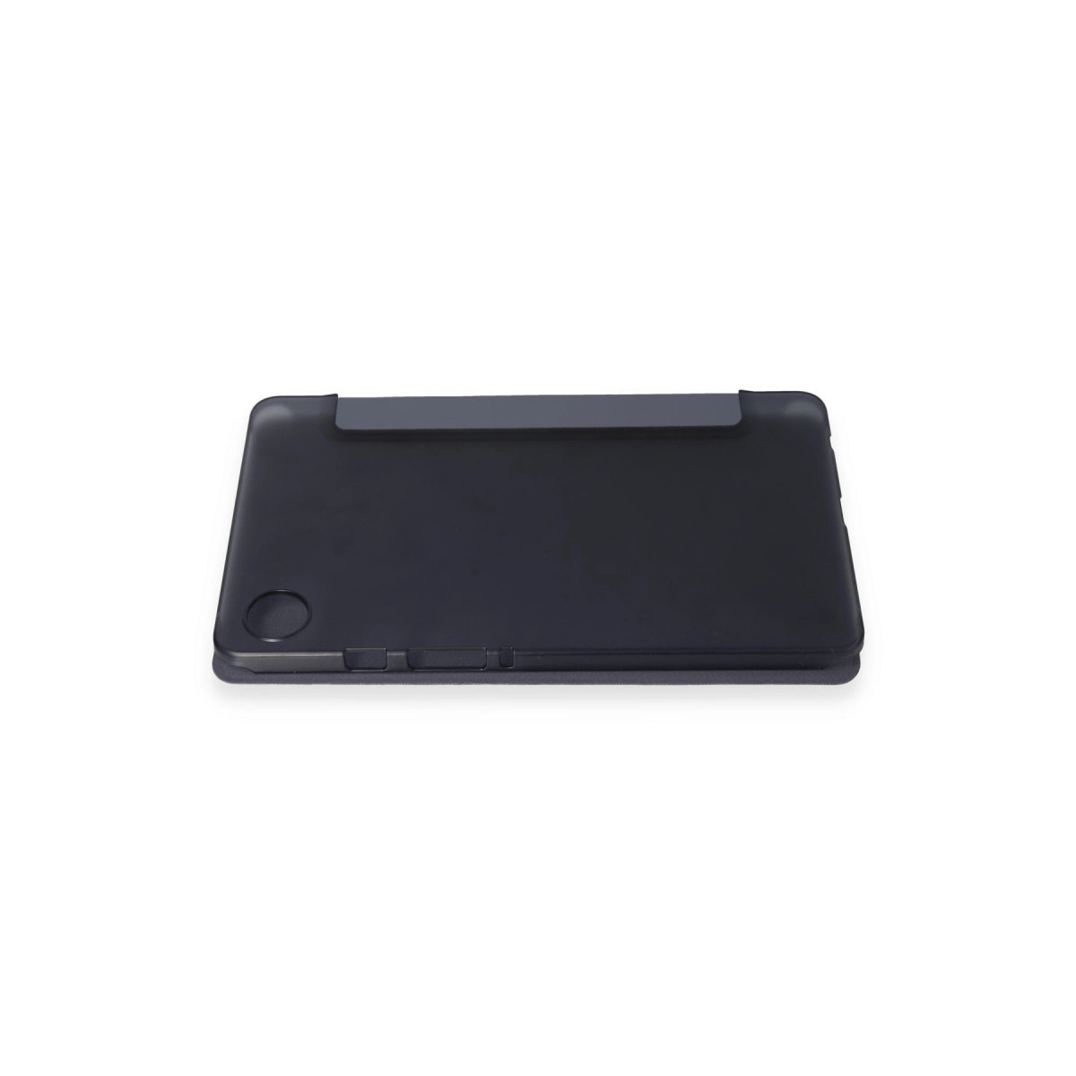 Gölge kapaklı ve düğme kesimli koyu gri tablet kılıfı.