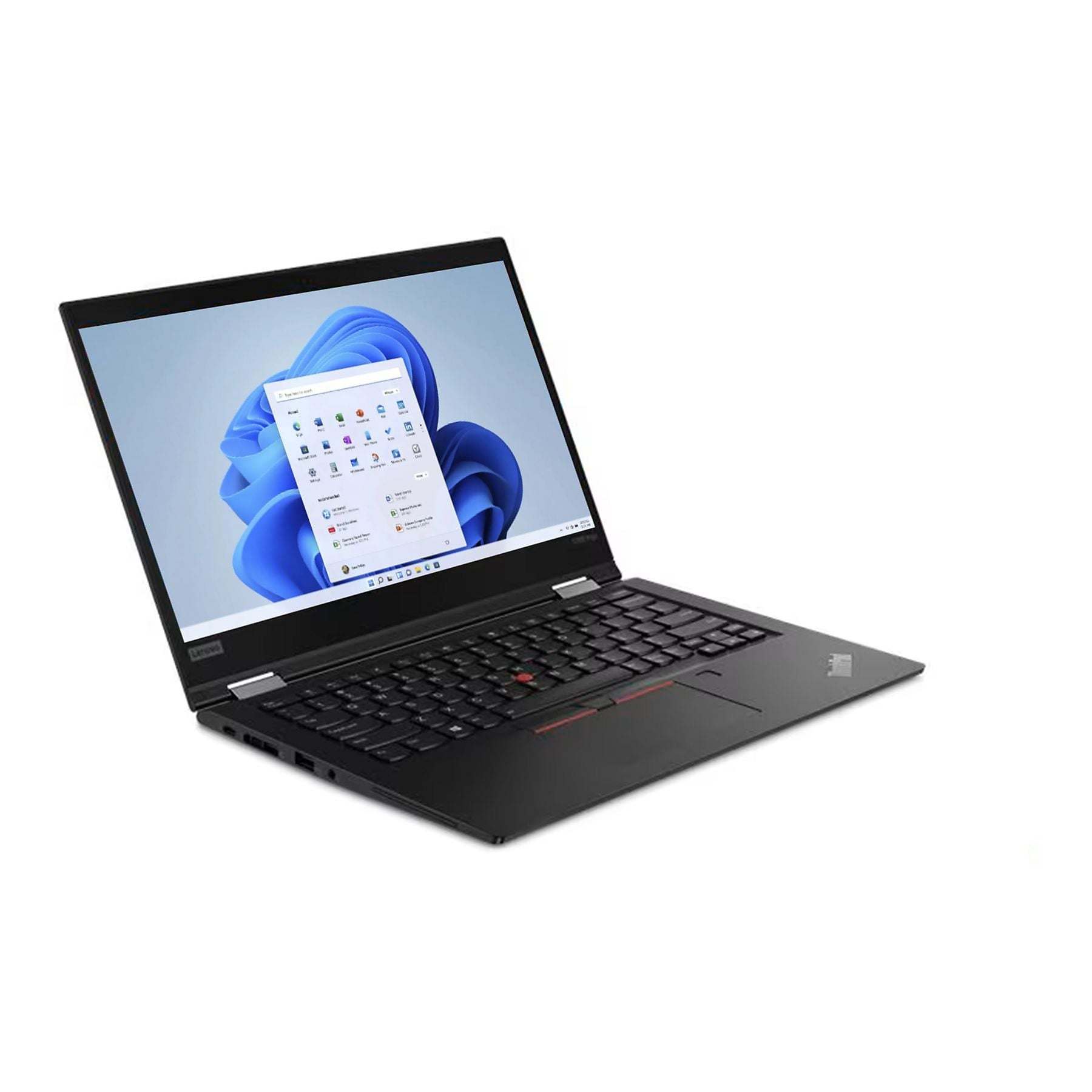 Schwarzer Laptop mit geöffnetem Bildschirm, der das Windows 11 Startmenü zeigt.