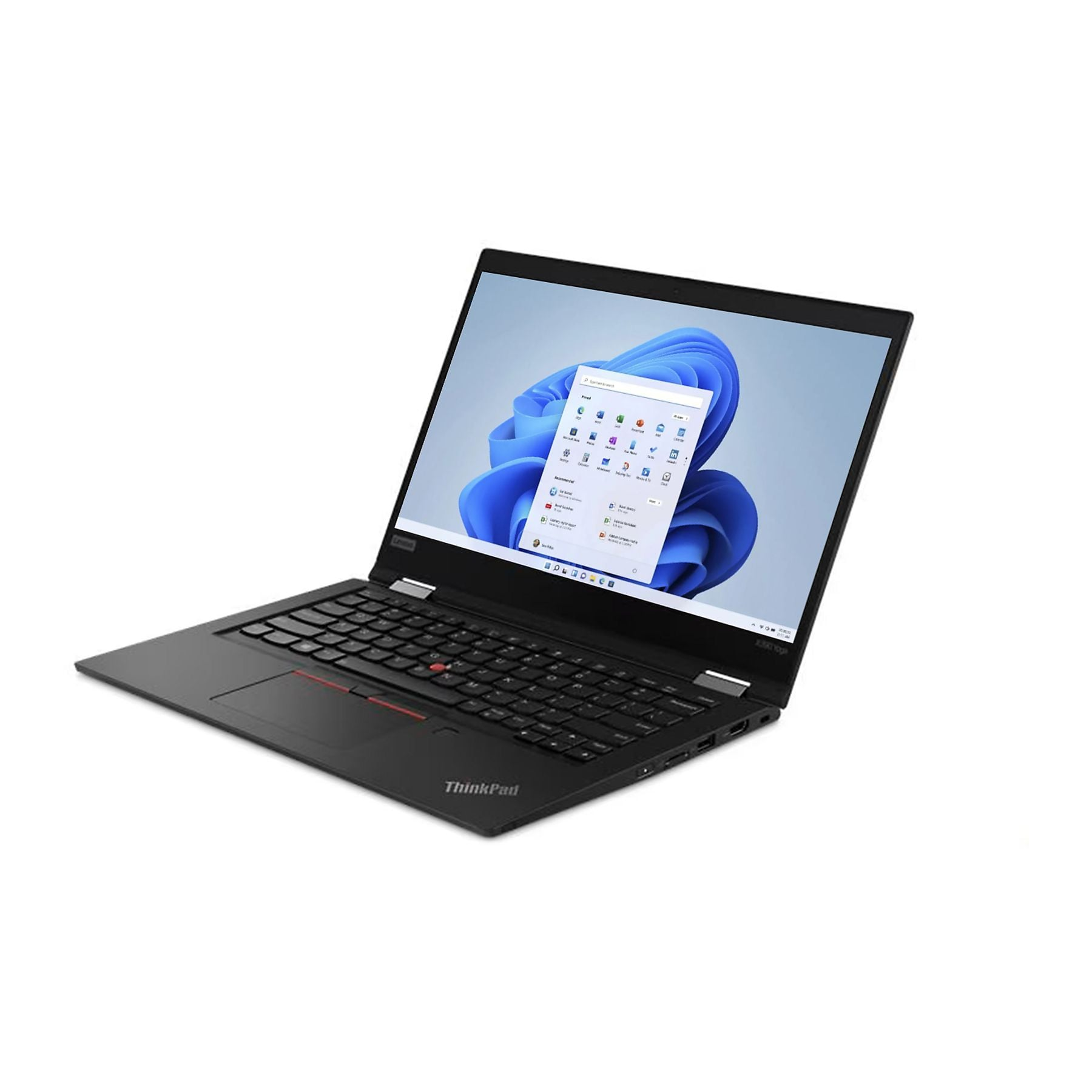 Ein geöffneter schwarzer Lenovo ThinkPad Laptop mit Windows 11-Startbildschirm.