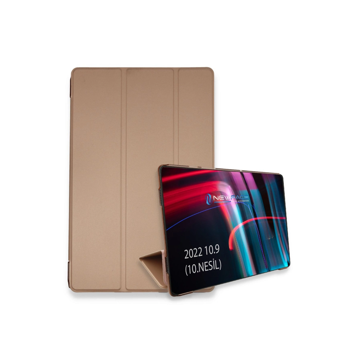 Logo ve tarih gösteren bir tablete sahip altın rengi tablet kılıfı.