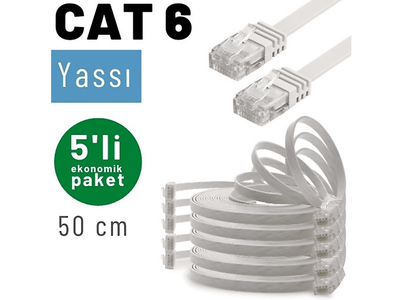 IRENIS 5 Adet 50 cm CAT6 Kablo Yassı Network Lan Ağ İnternet Ethernet Kablosu