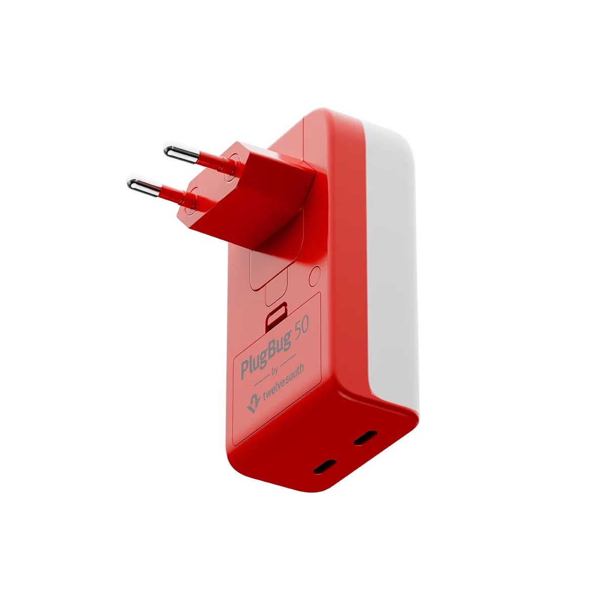 Un adattatore da viaggio rosso e bianco con due punte metalliche.