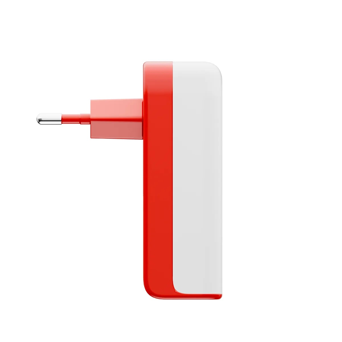 Un adattatore di corrente rosso e bianco con un perno metallico che si estende verso sinistra.