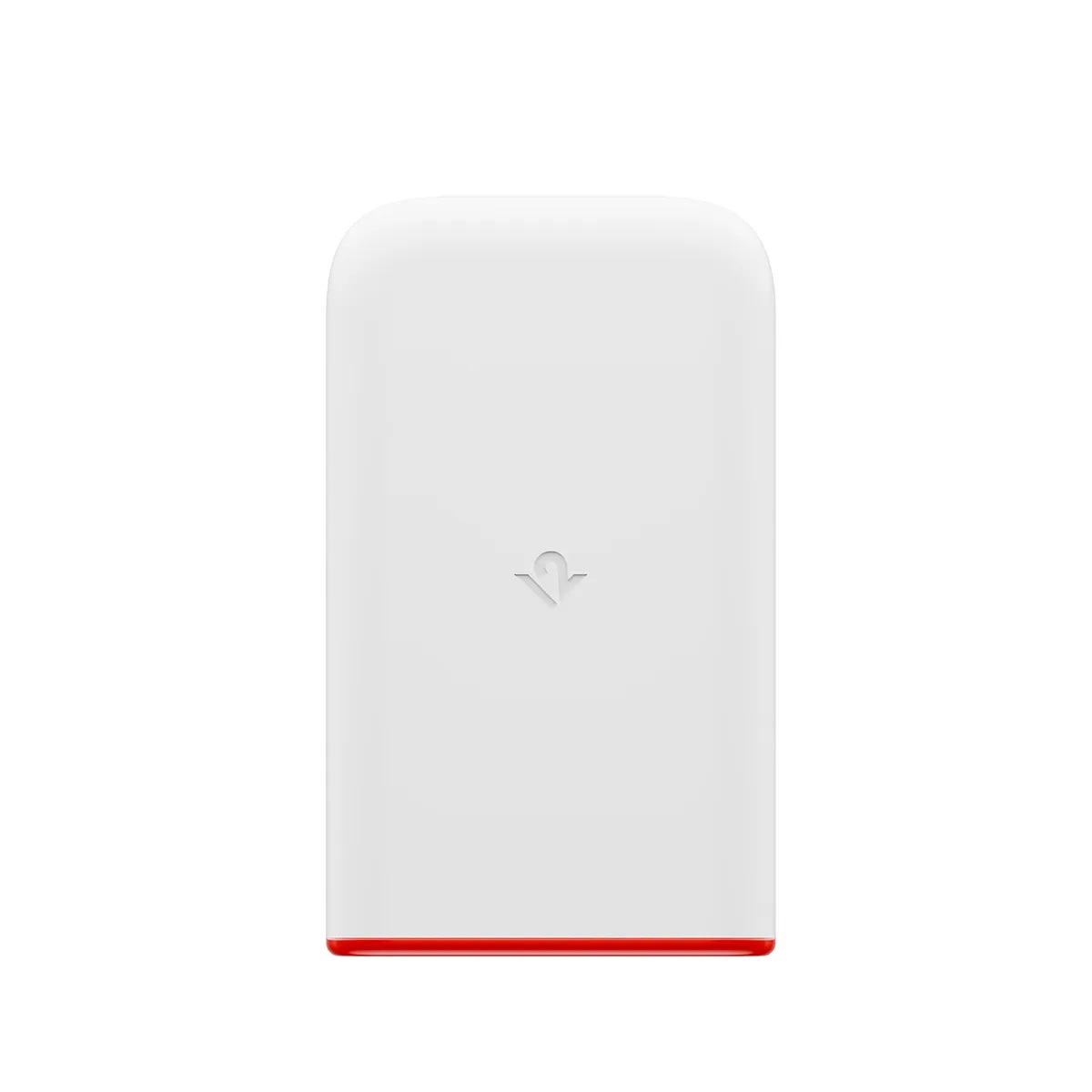 Un dispositivo bianco con striscia rossa in basso e un logo.