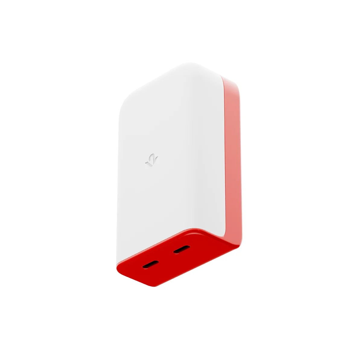 Un dispositivo bianco e rosso con due fessure sul fondo.