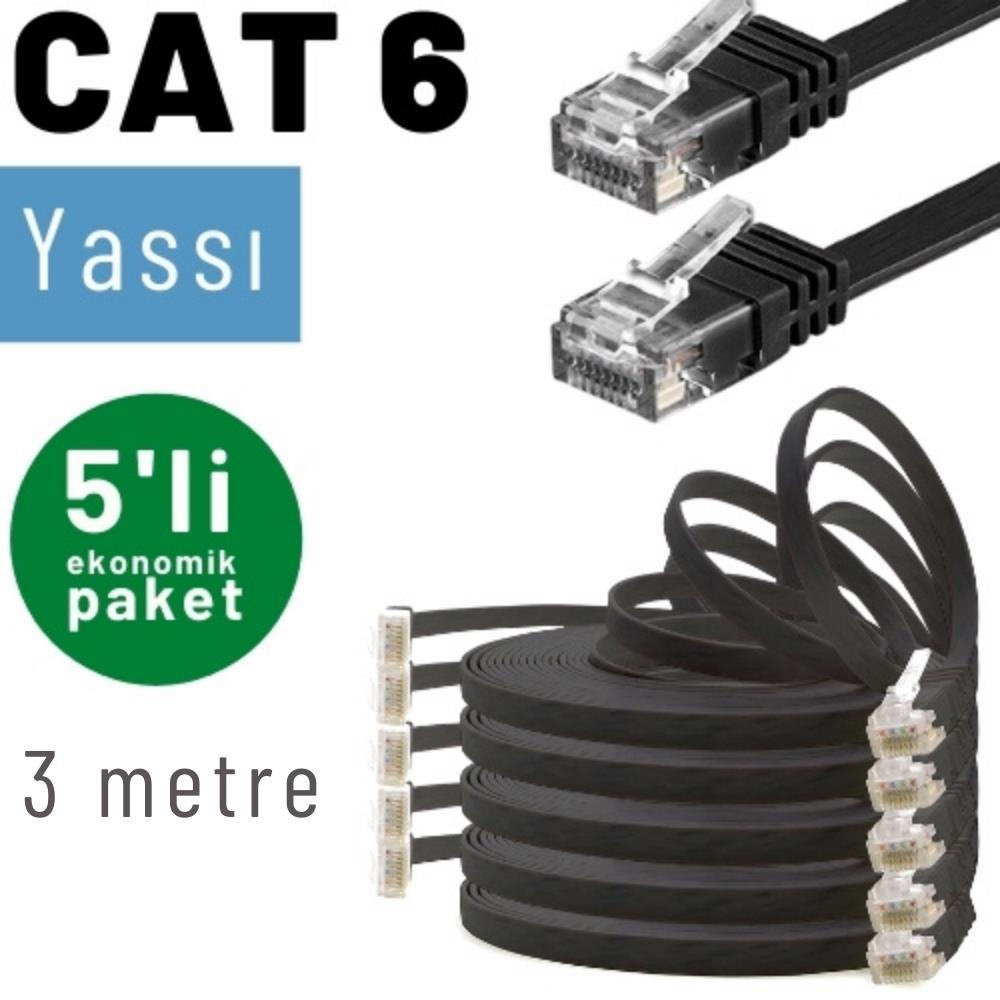 Düz CAT 6 ağ kabloları RJ45 konektörlü, 3 metre, 5'li ekonomik paket.