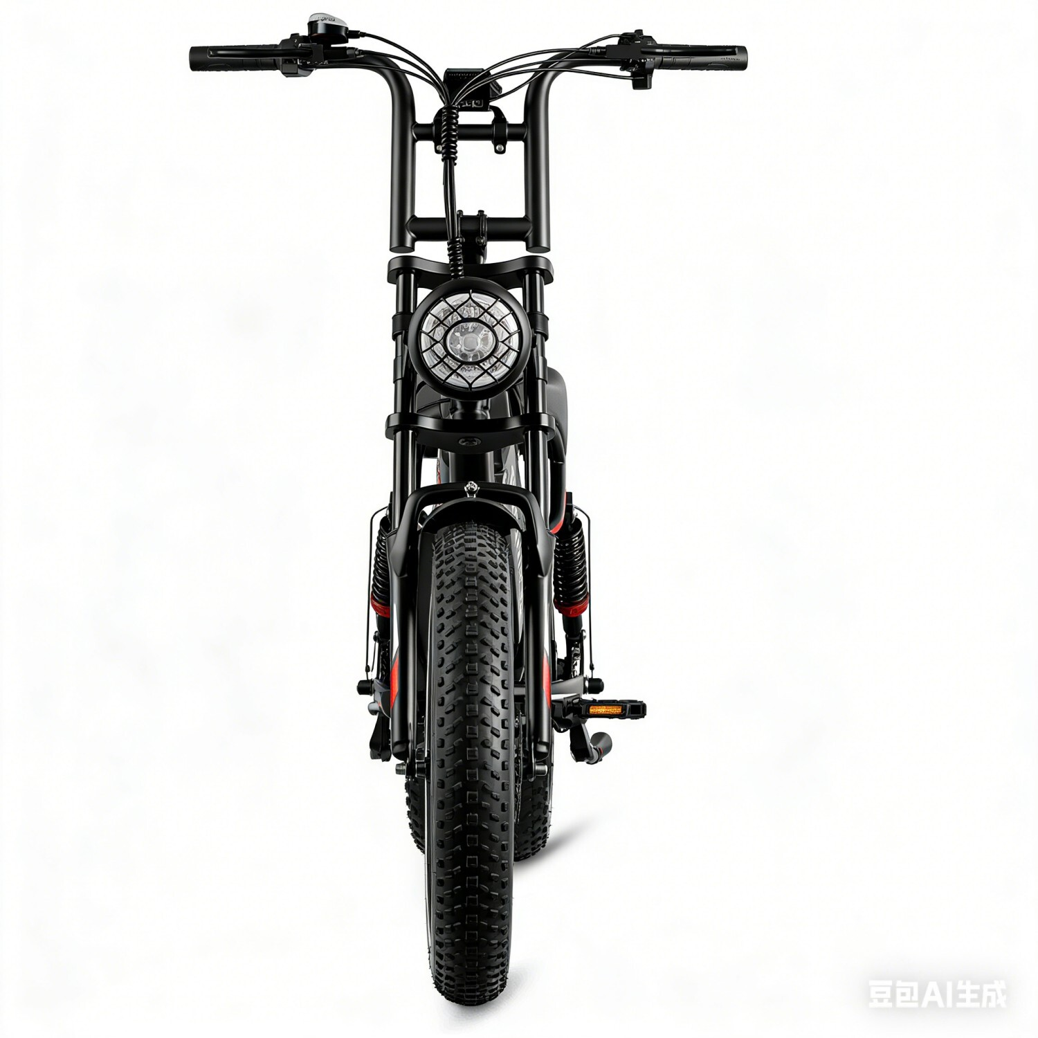 Czarny rower elektryczny z grubymi oponami, okrągłym światłem i kierownicą.