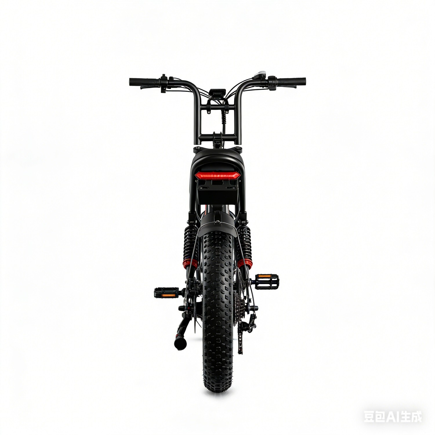 Widok z tyłu czarnego roweru elektrycznego typu fat-tire z czerwonymi akcentami na zawieszeniu.