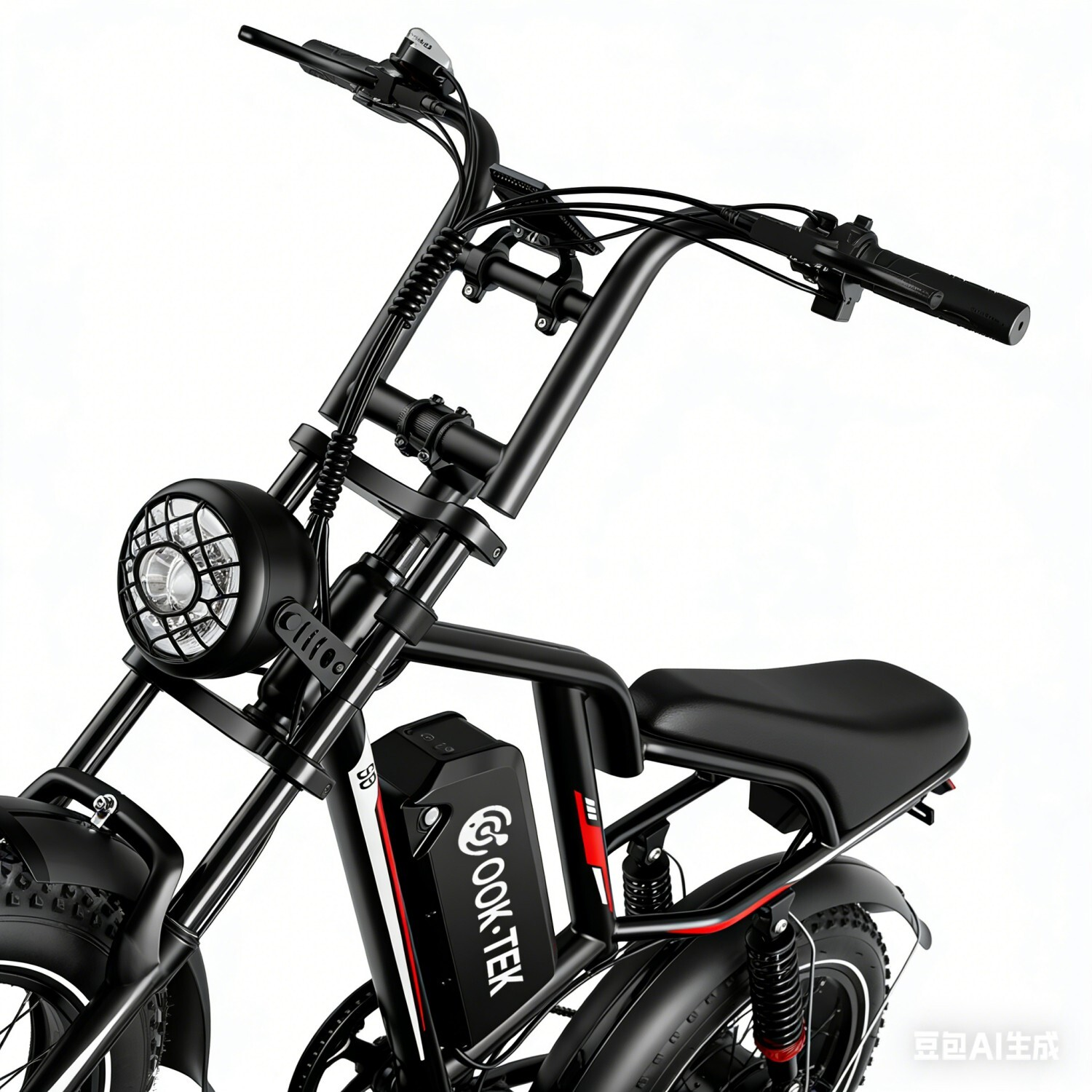 Czarny rower elektryczny z grubymi oponami, okrągłym reflektorem i akumulatorem.