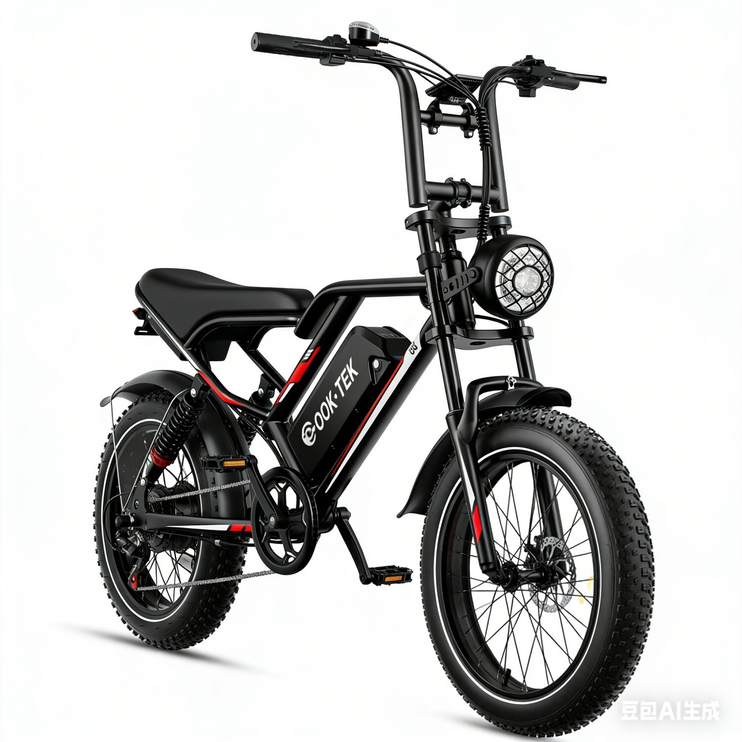 Czarny rower elektryczny fat bike z okrągłym reflektorem i białym paskiem na kole.