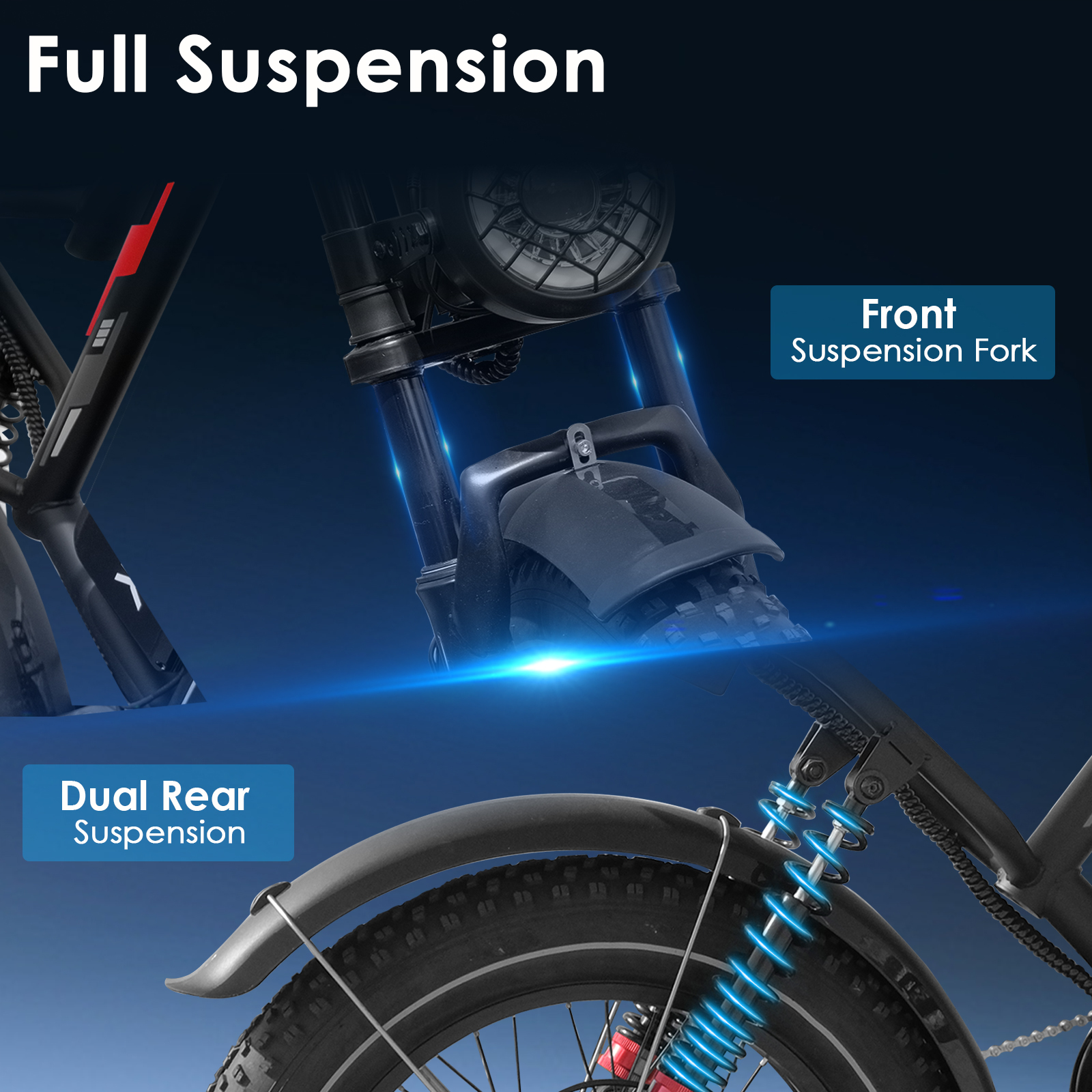 Rower z przednim i tylnym zawieszeniem. Niebieskie światła podkreślają elementy.