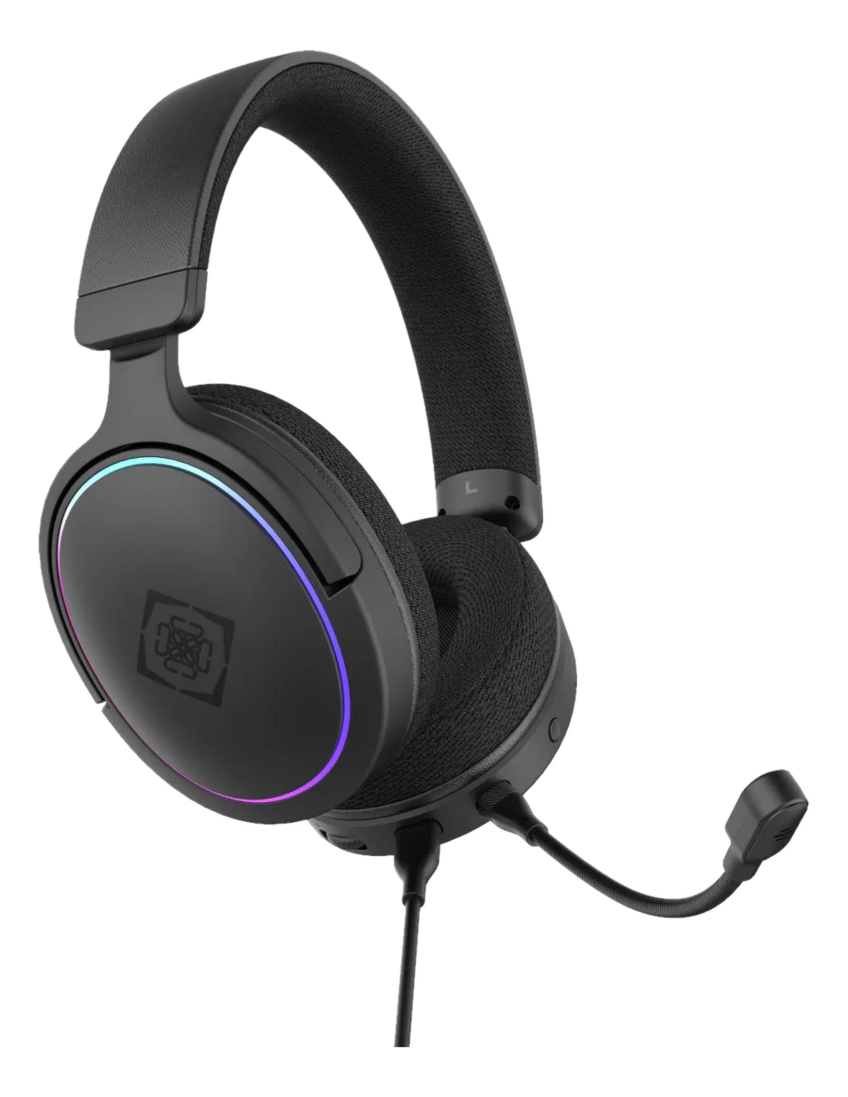 Cuffie da gaming nere con microfono e illuminazione LED colorata.