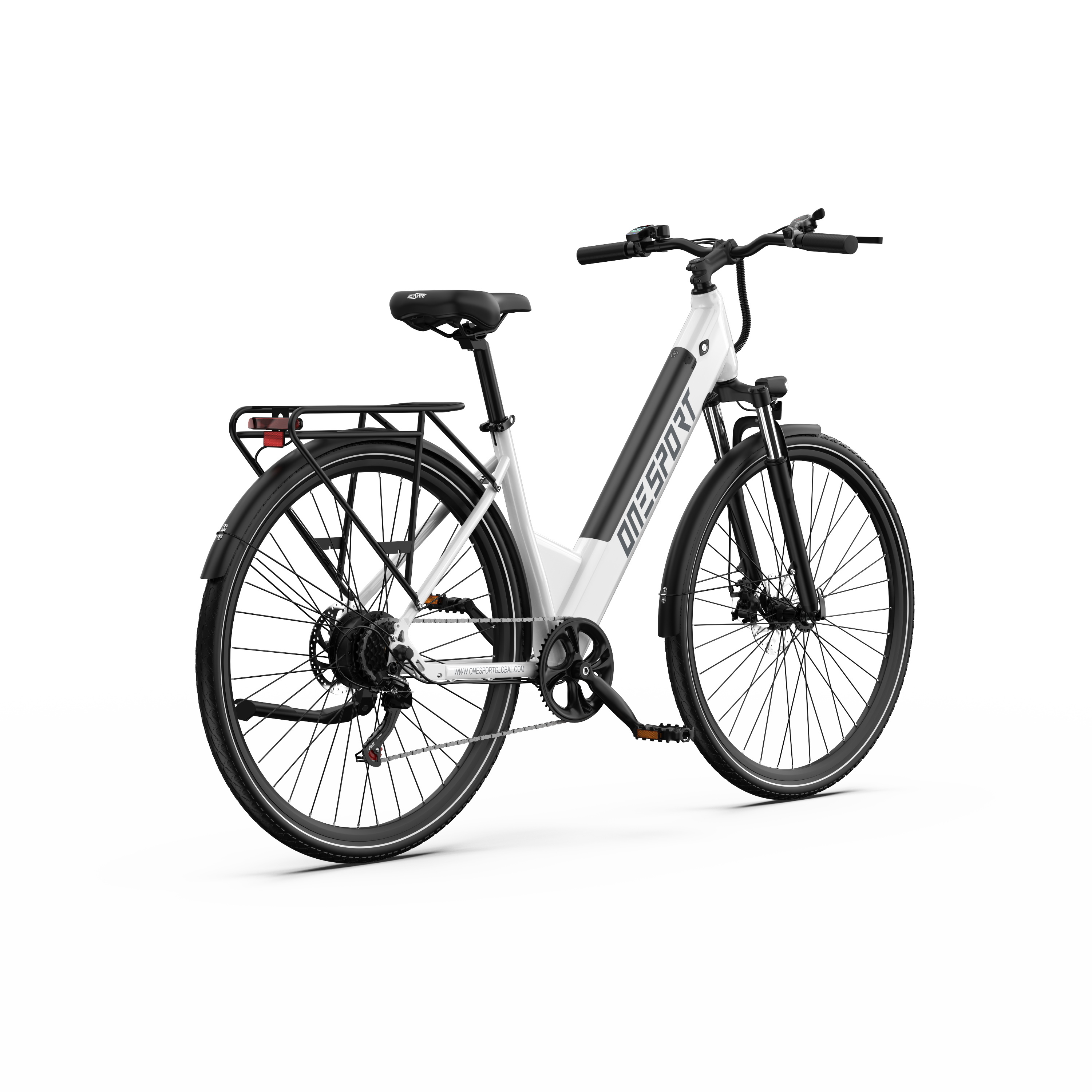 Ein weißes E-Bike mit schwarzen Akzenten und Gepäckträger.