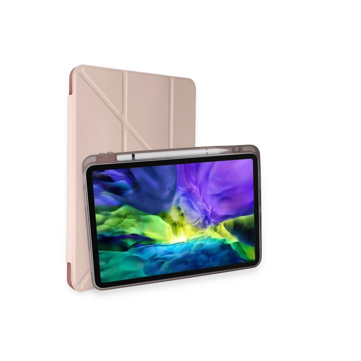 Gül altın rengi tablet kılıfı, renkli soyut duvar kağıtlı ve kalemli bir tabletin arkasında duruyor.