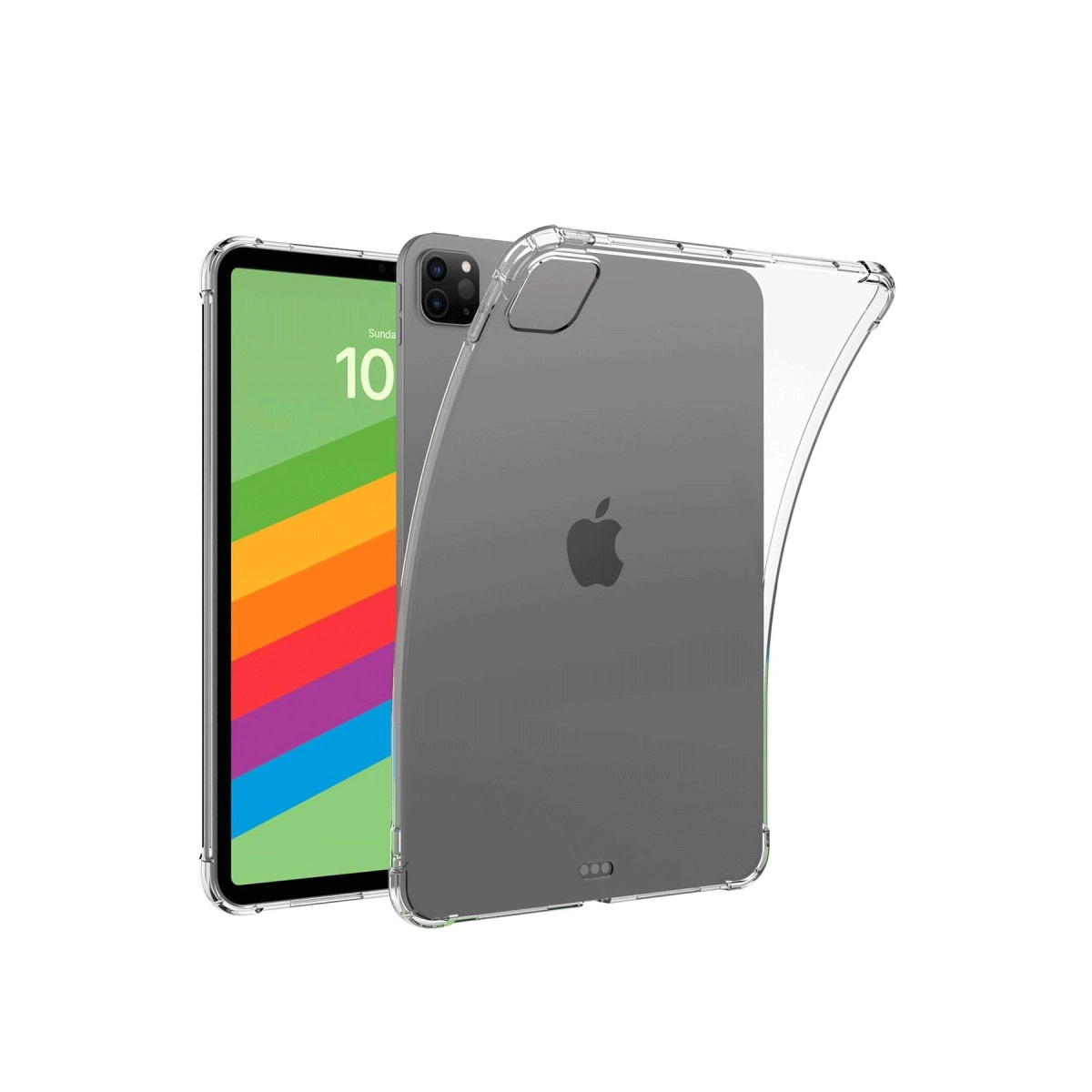 Arkasında Apple logosu bulunan şeffaf kılıflı bir tablet.