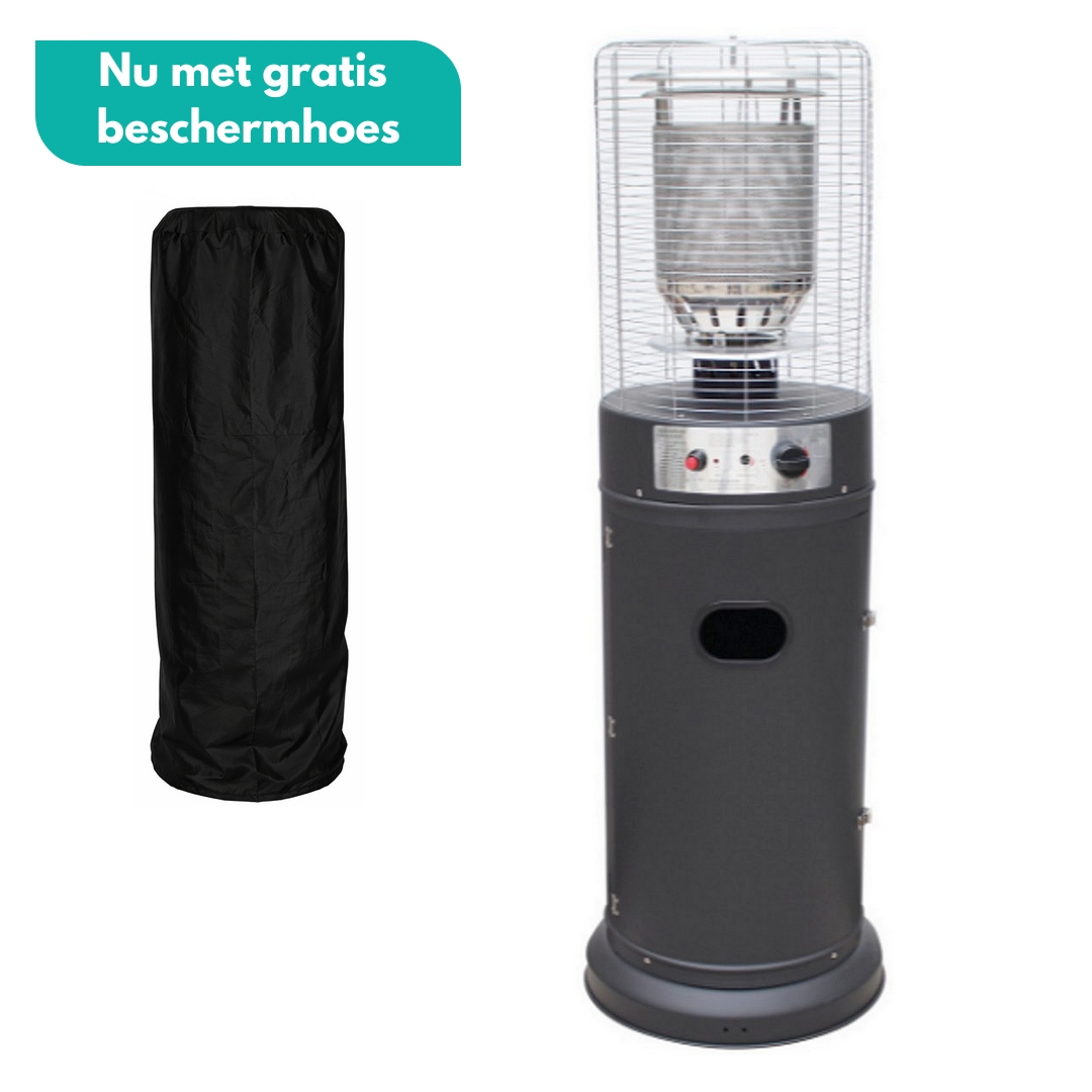 Een zwarte terrasverwarmer met ernaast een hoes.