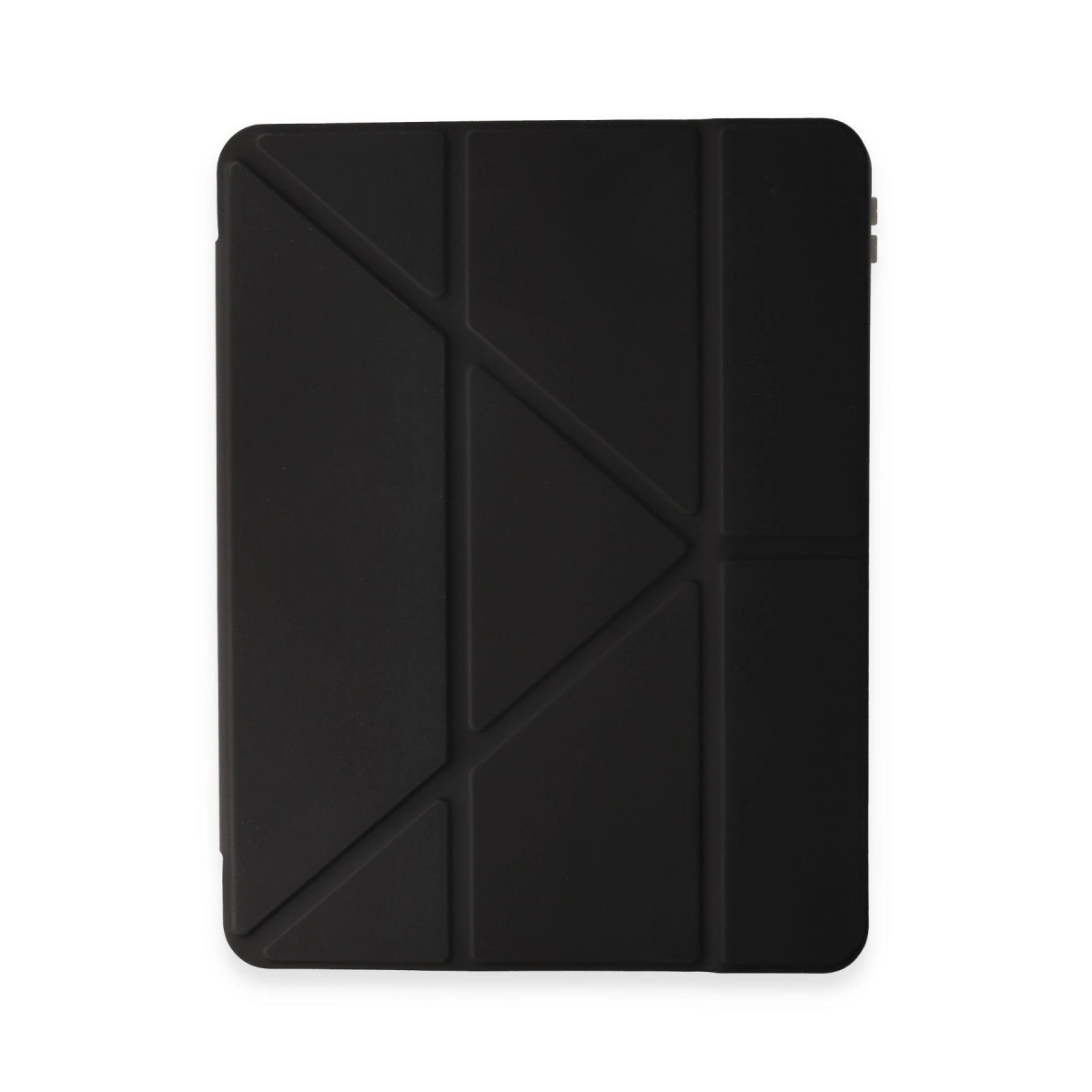 Ön yüzünde geometrik katlanmış desenli siyah tablet kılıfı.