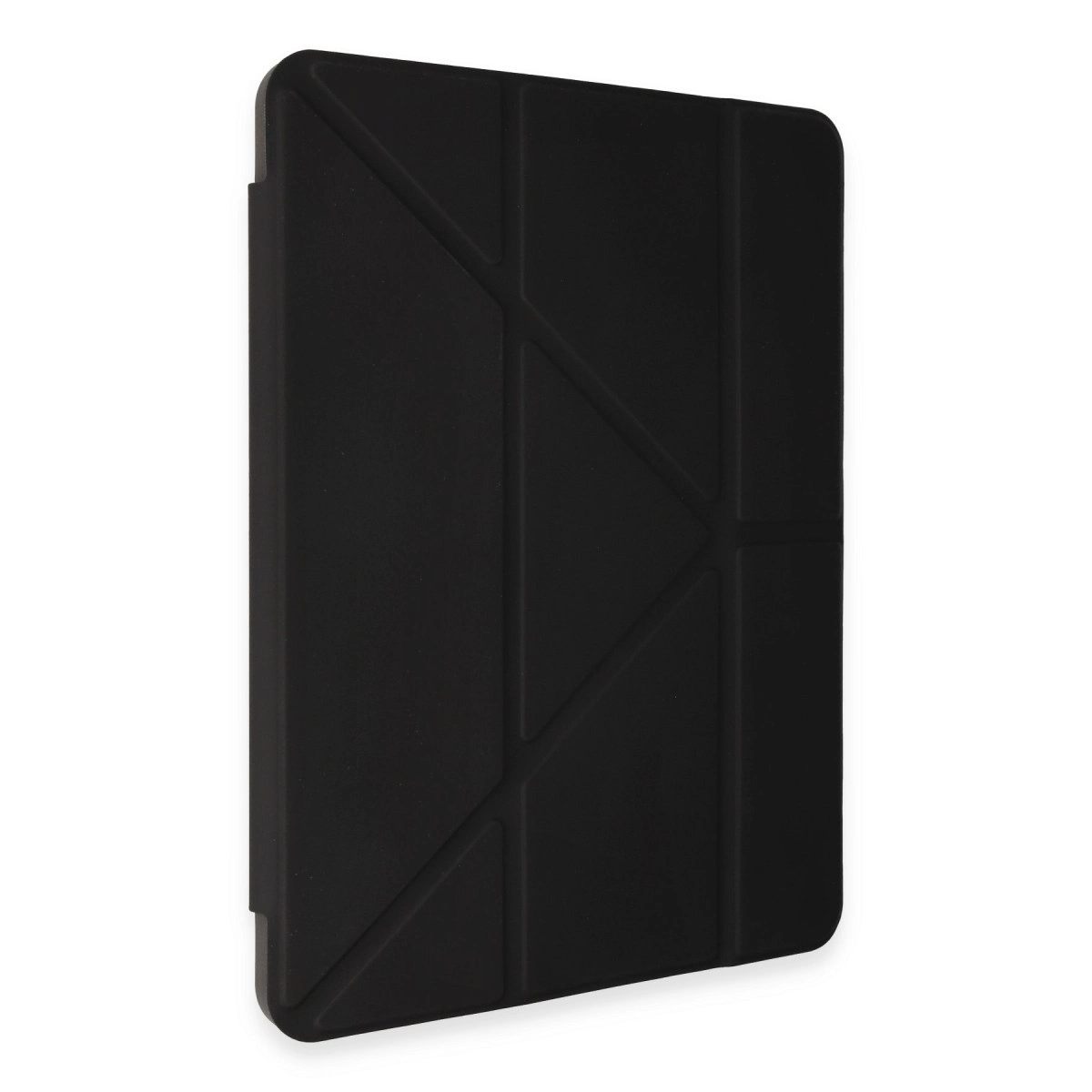 Geometrik desenli siyah tablet kılıfı, beyaz zeminde.