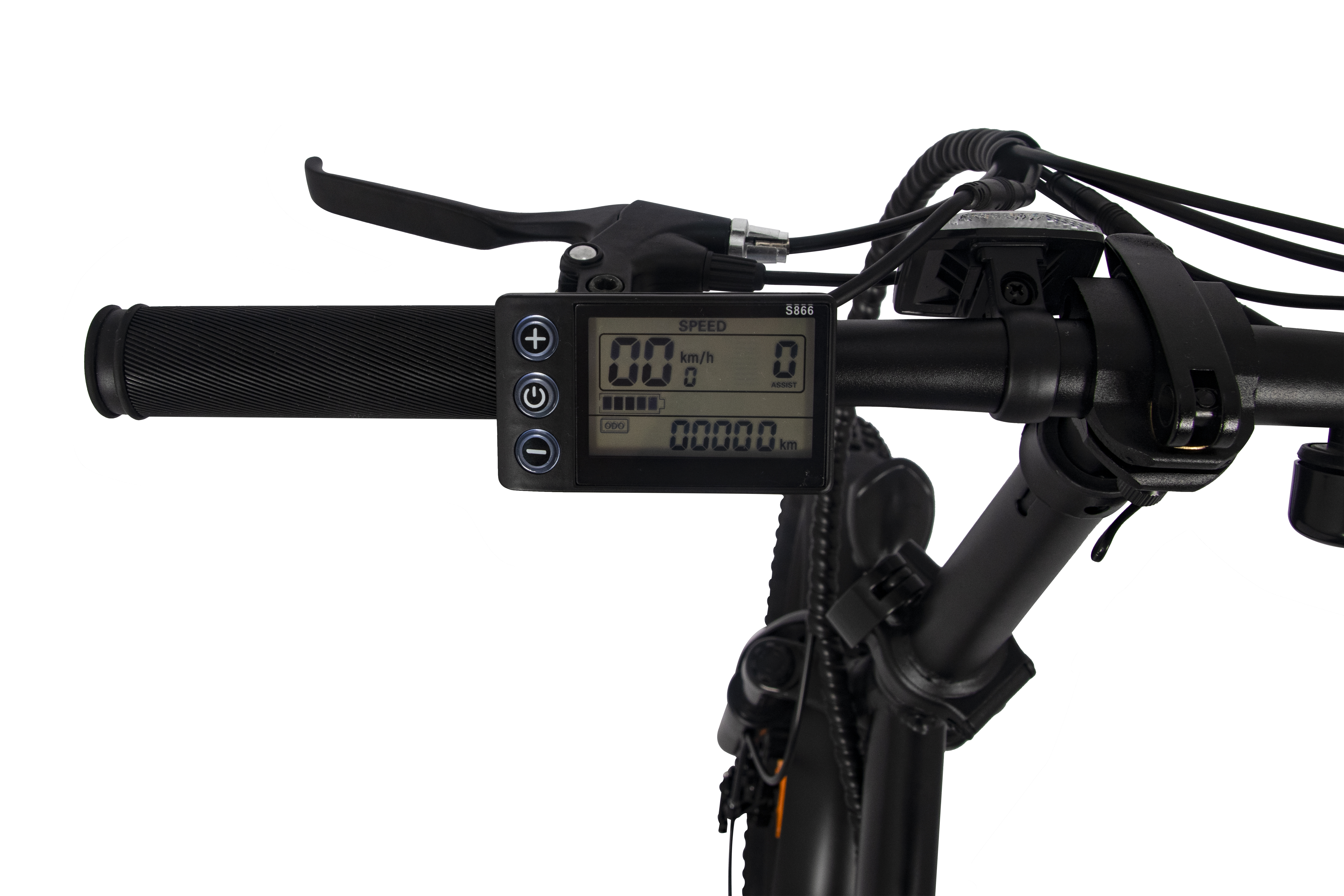 Nahaufnahme eines E-Bike-Lenkers mit Display, Griff und Bremshebel.