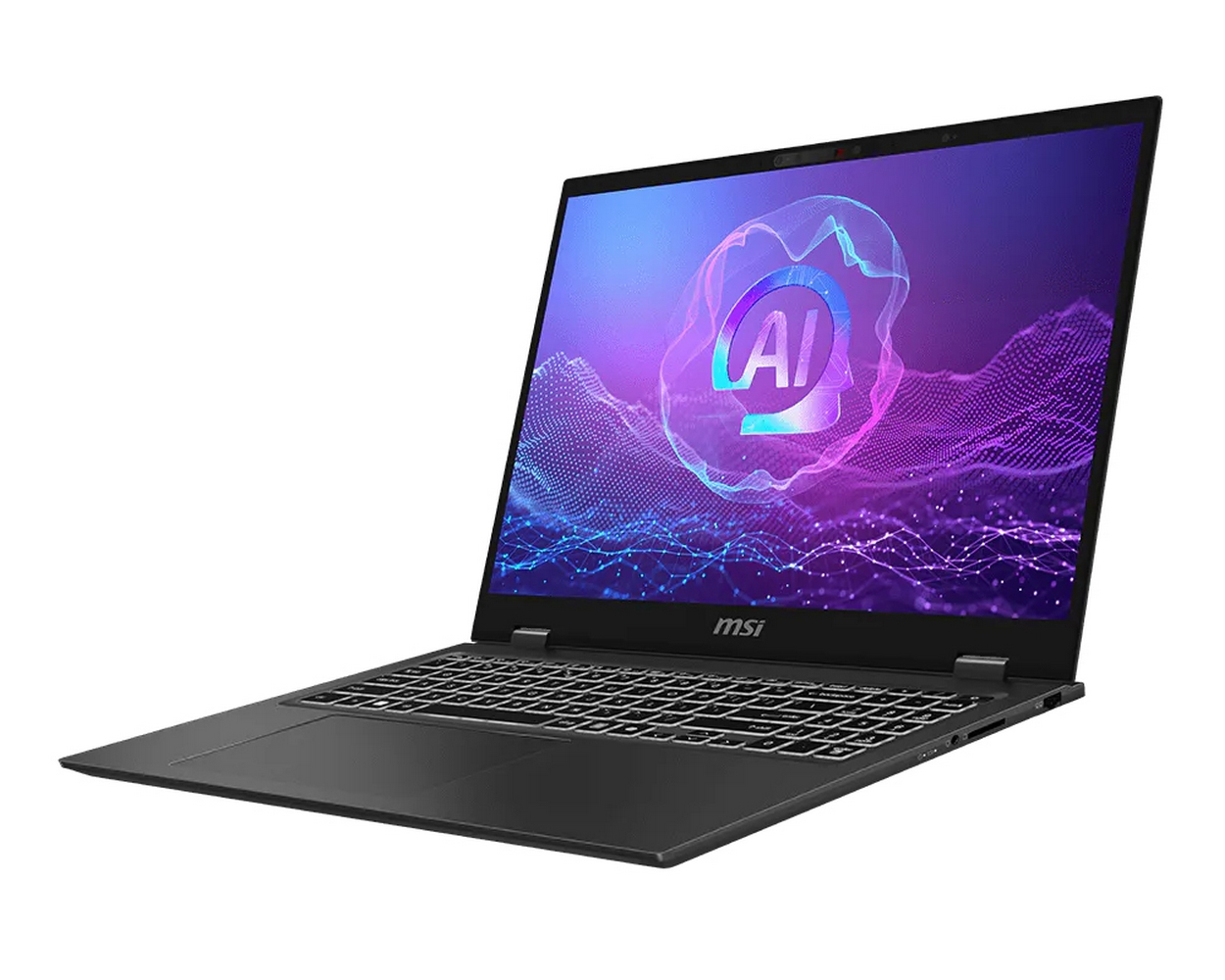 Un laptop nero con un logo AI stilizzato sul suo schermo.
