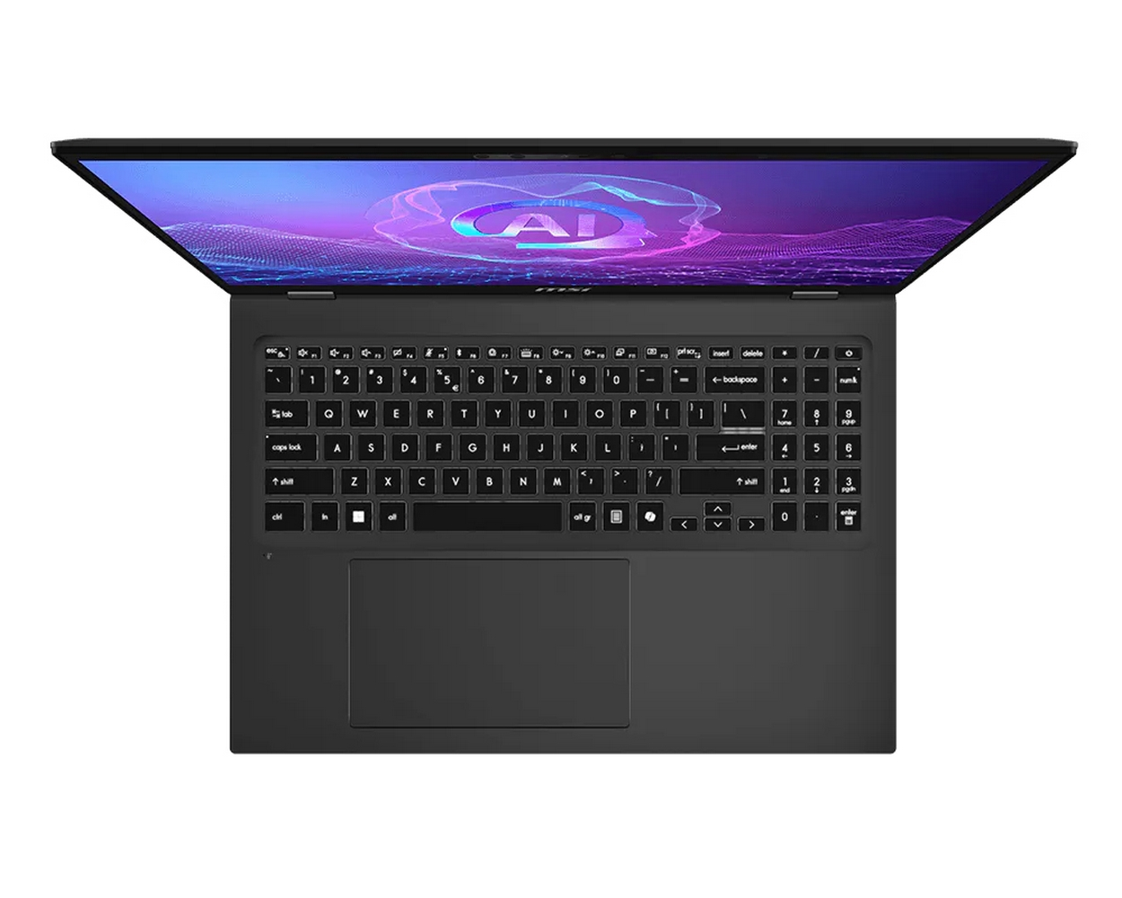 Laptop nero aperto con logo AI blu e viola luminoso sullo schermo.