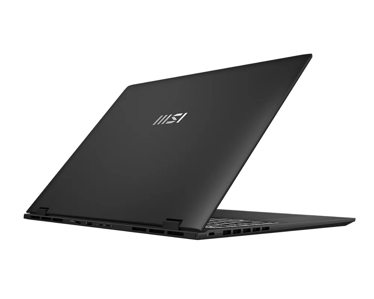 Laptop MSI nero, parzialmente aperto, mostra porte sul lato e logo MSI sul coperchio.