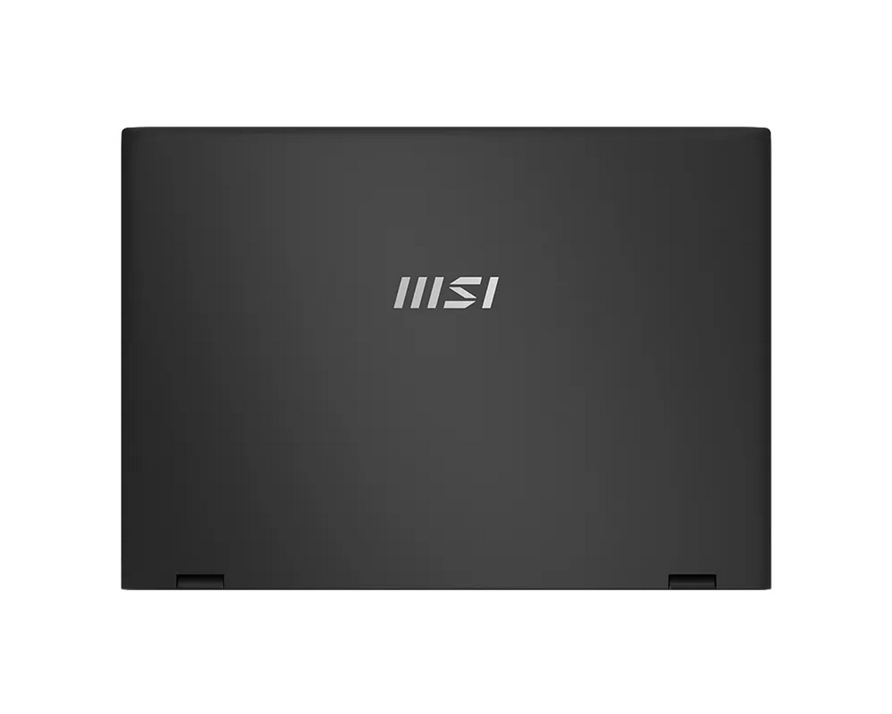 Laptop MSI nero chiuso con logo sul coperchio. Scatto prodotto minimalista.