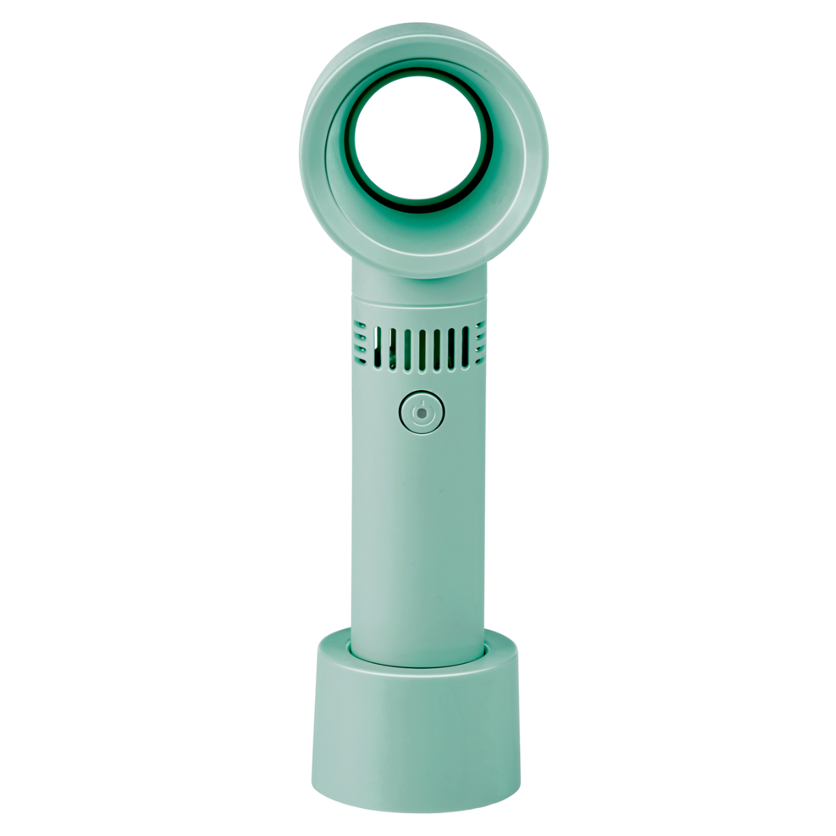 Un ventilateur sans lame vert d'eau repose sur une base ronde.