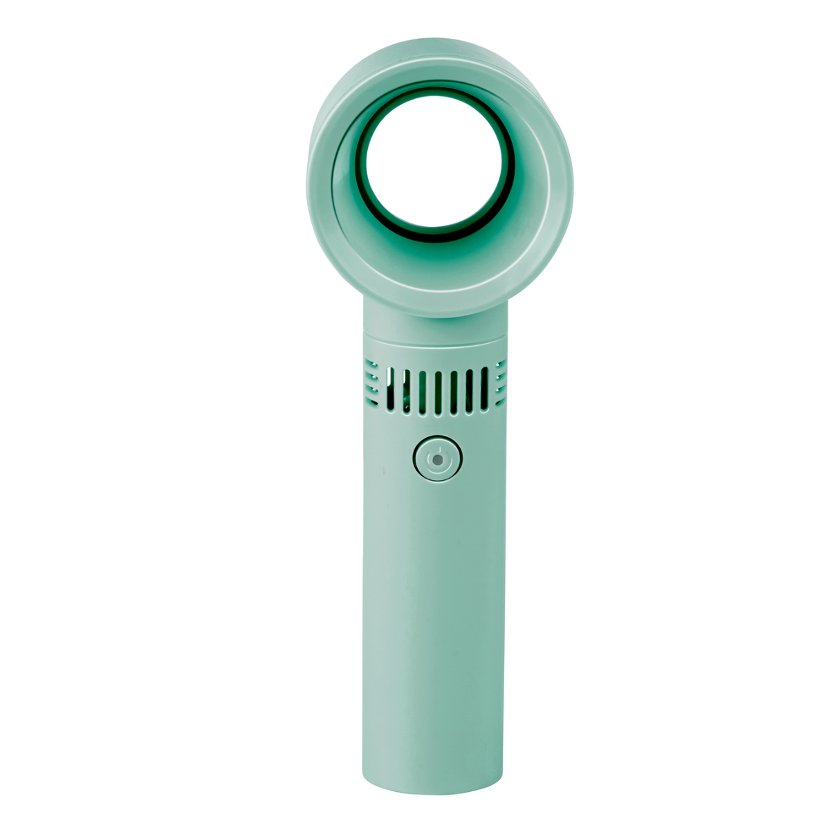 Un ventilateur vert menthe sans lame avec une tête circulaire et une poignée.