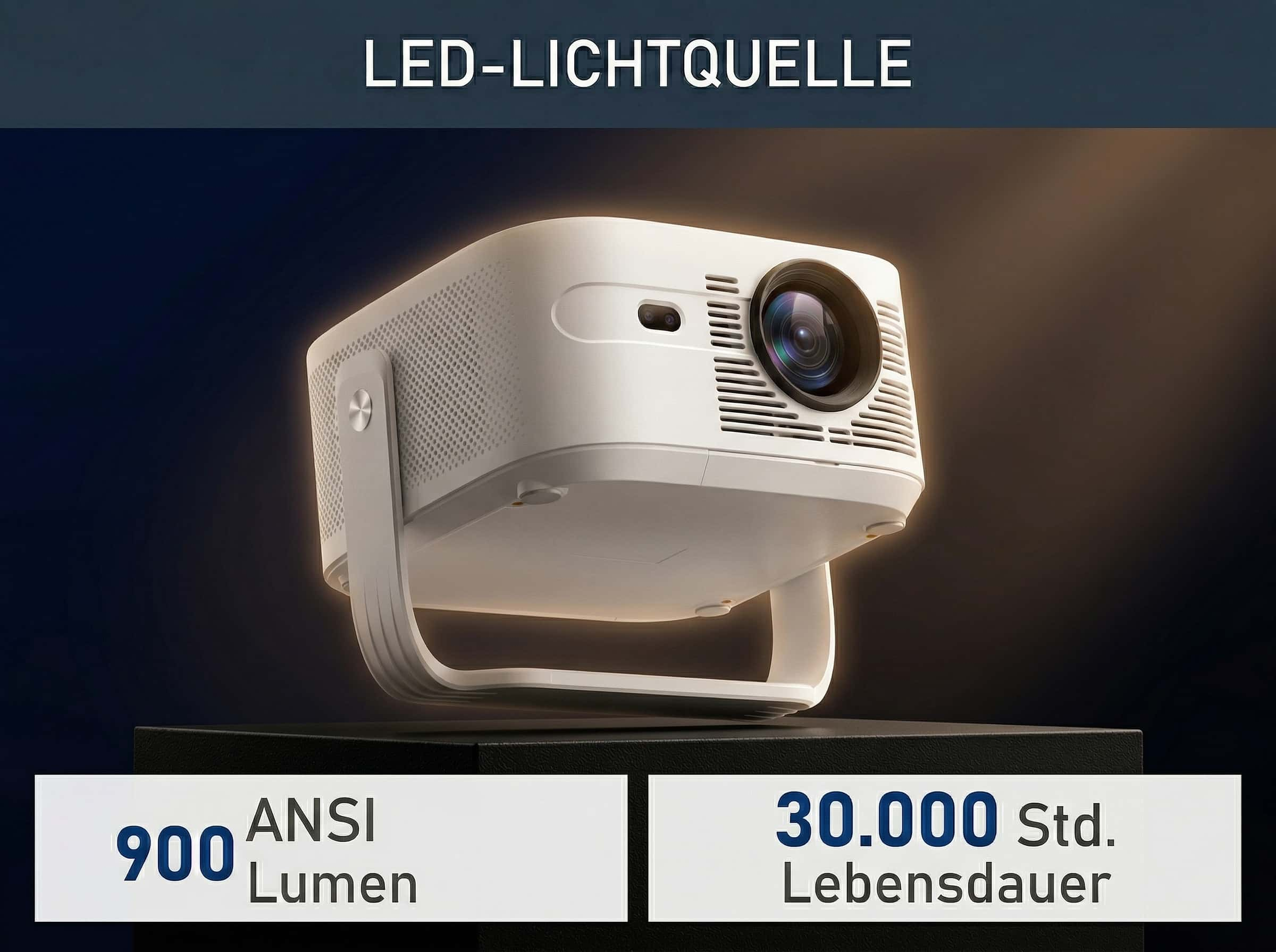 Ein weißer LED-Projektor mit Linse und Lüftungsschlitzen auf einem Podest.