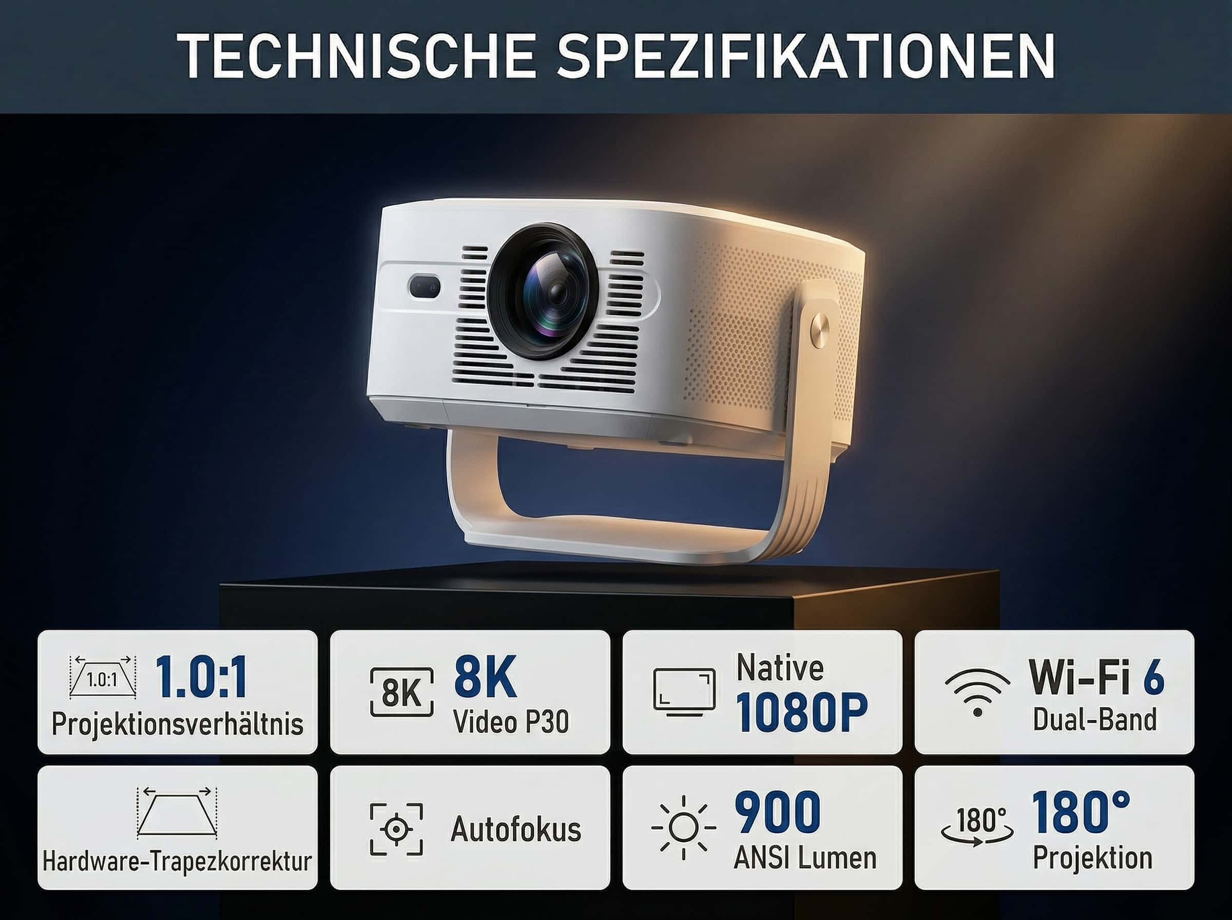 Ein weißer Projektor mit Spezifikationen wie 8K, 1080P, Wi-Fi 6.