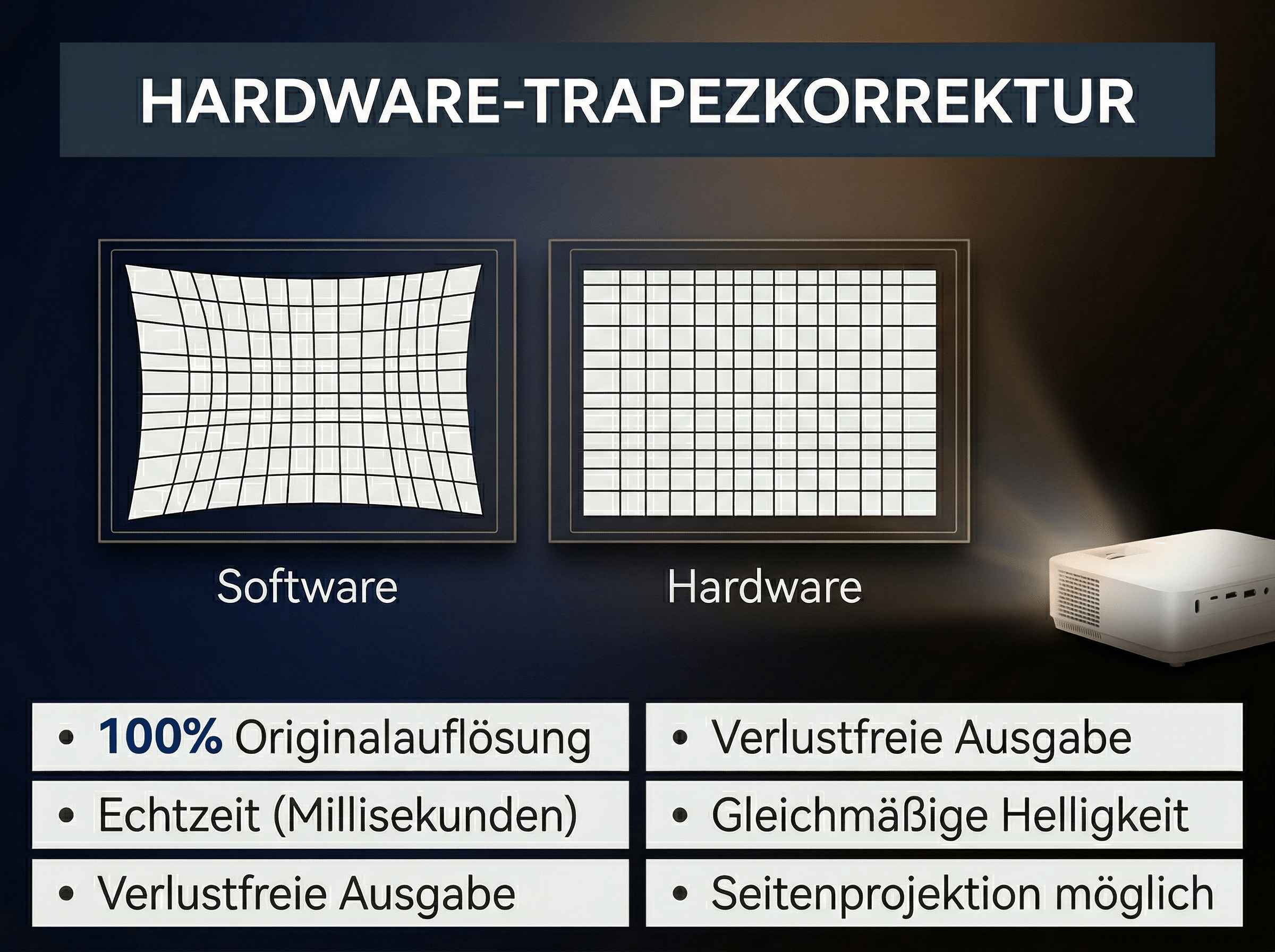 Vergleich von Software- und Hardware-Trapezkorrektur mit Projektor.