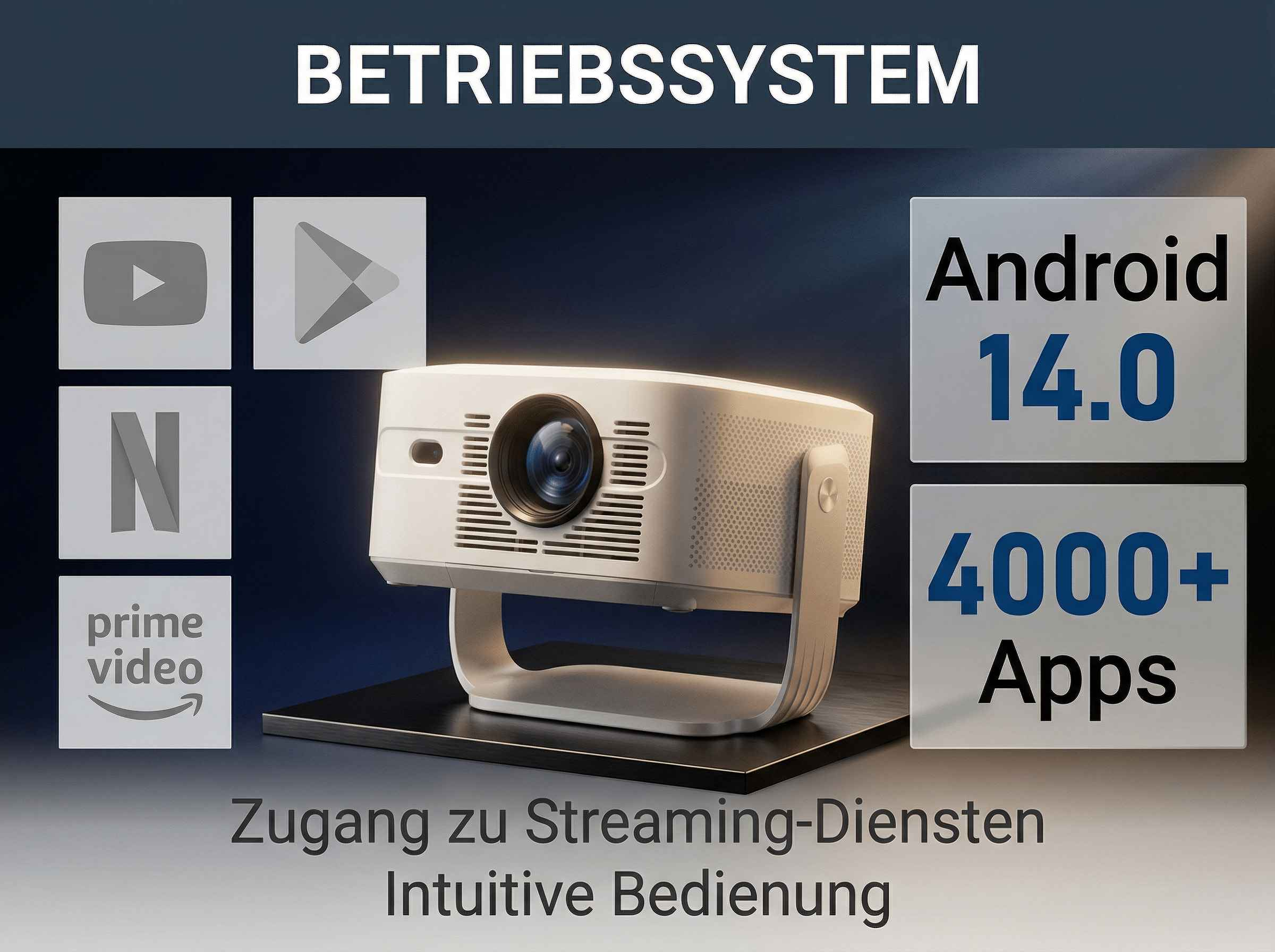Ein weißer Projektor mit Android 14.0 und 4000+ Apps.