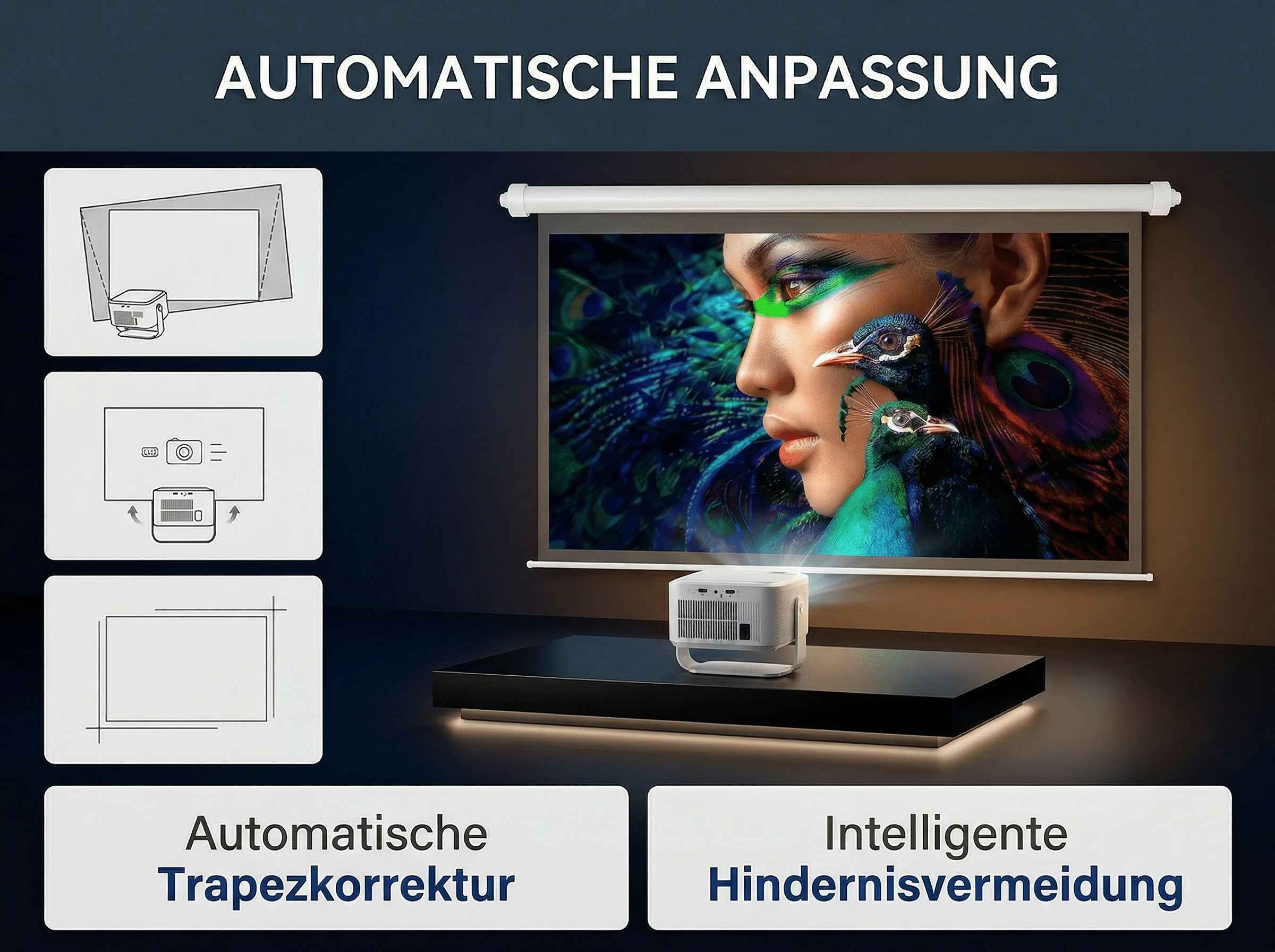 Ein Projektor wirft ein Bild mit einer Frau und Pfauen auf eine Leinwand.