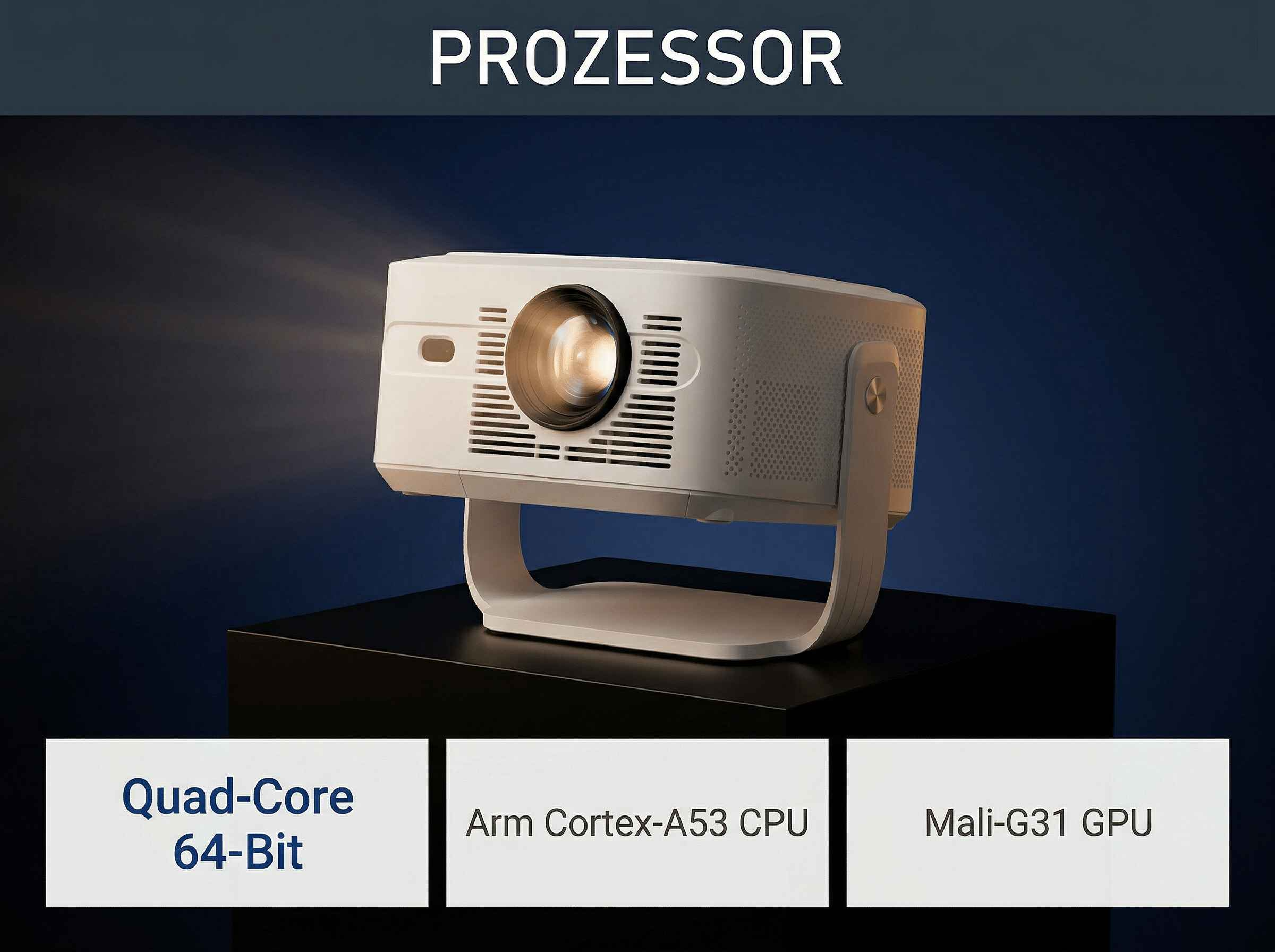 Weißer Projektor auf dunklem Hintergrund, mit Textangaben zu Prozessor und GPU.