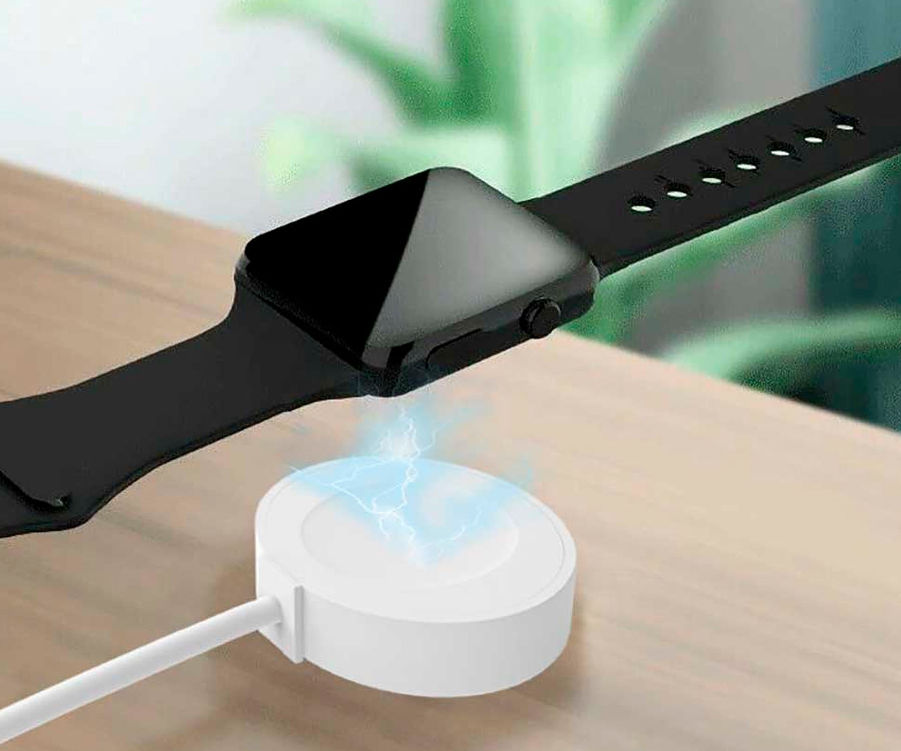 Smartwatch nera in carica su base bianca con scintille blu.