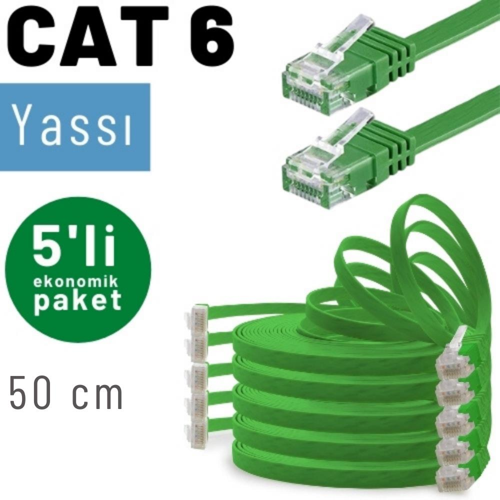 Yeşil CAT 6 düz kablolar RJ45 konnektörlü, 5'li paket, 50 cm.