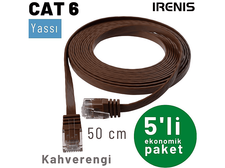 IRENIS 5 Adet 50 cm CAT6 Kablo Yassı Network Lan Ağ İnternet Ethernet Kablosu