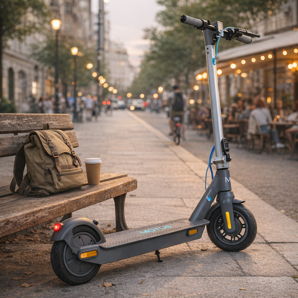 Uno scooter elettrico accanto a una panchina con zaino e caffè su un marciapiede.